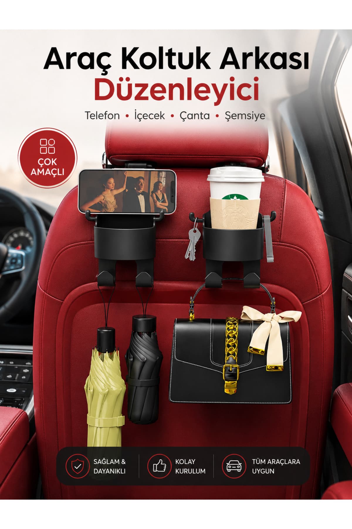 Araç Koltuk Arkası Organizer - 2'li Paket - Bardak + Telefon + Tablet Tutucu - Araç İçi Düzenleyici Askılık Aparat