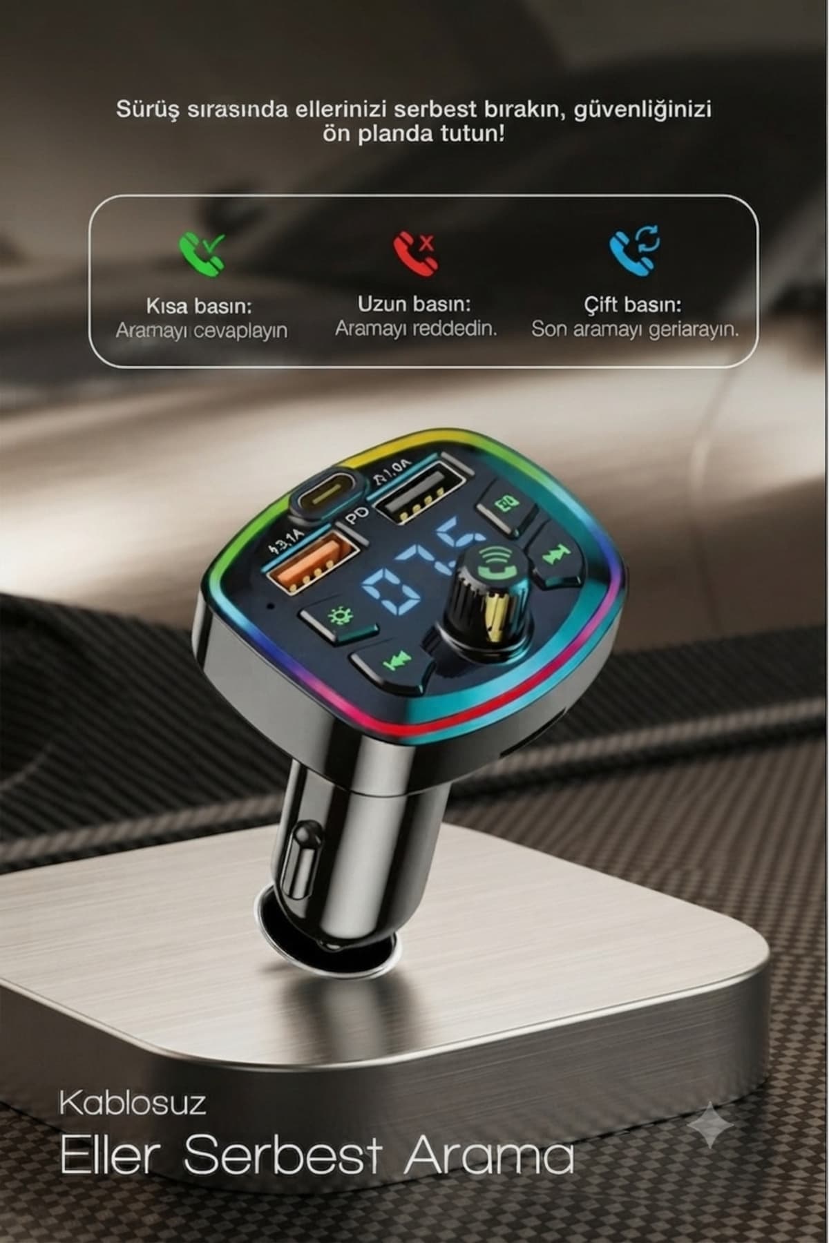 Araç Şarj Cihazı Bluetooth FM Transmitter PD 30W Type-C USB Hızlı Şarj Araç İçi Bluetooth Adaptörü Handsfree TF Kart Müzik Çalar