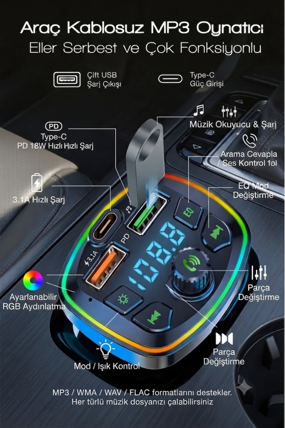 Araç Şarj Cihazı Bluetooth FM Transmitter PD 30W Type-C USB Hızlı Şarj Araç İçi Bluetooth Adaptörü Handsfree TF Kart Müzik Çalar