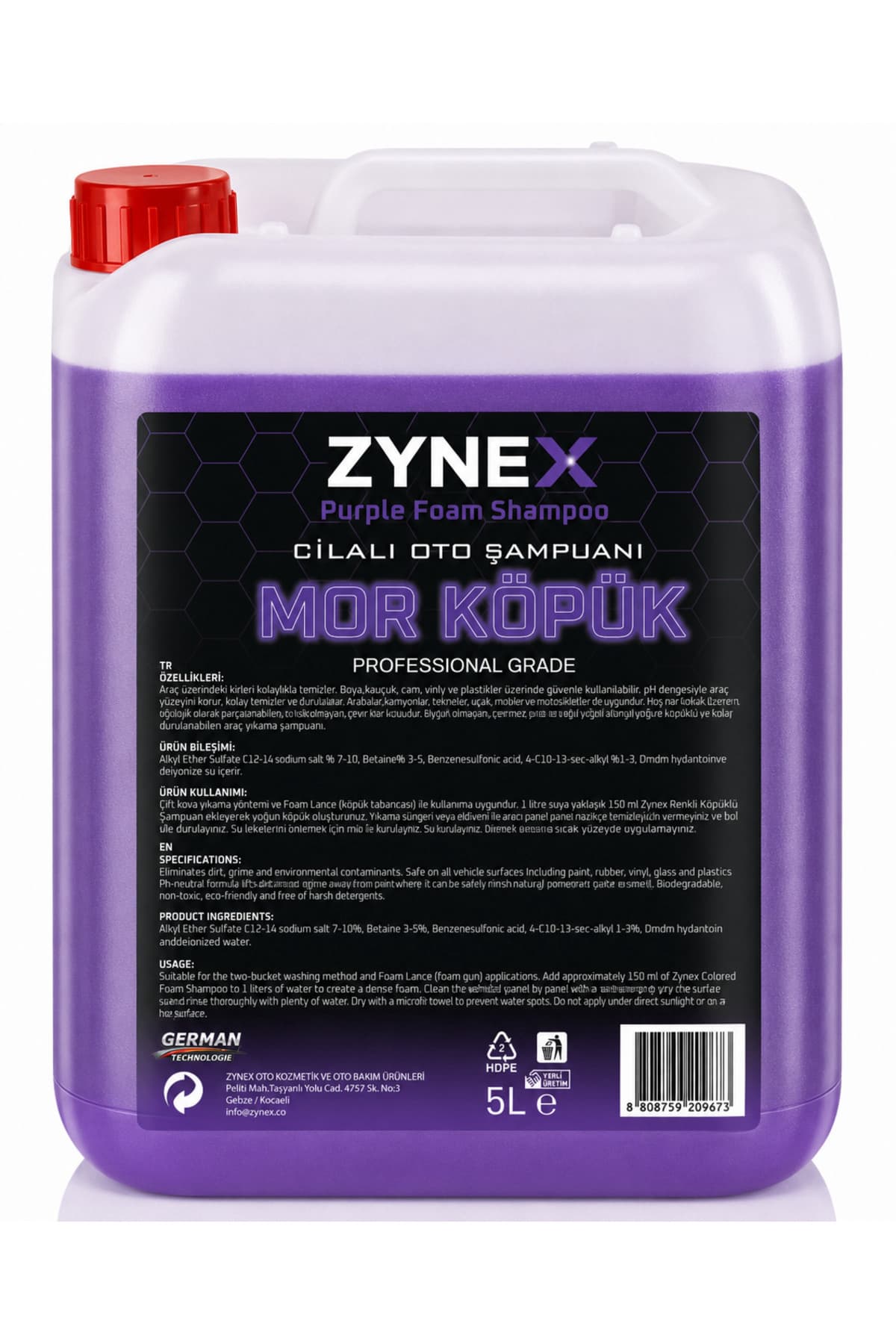 ZYNEX Mor Köpüklü Cilalı Oto Şampuanı 5 LT Yoğun Renkli Köpük Cila Katkılı Ve Su İtici Araç Yıkama Şampuanı