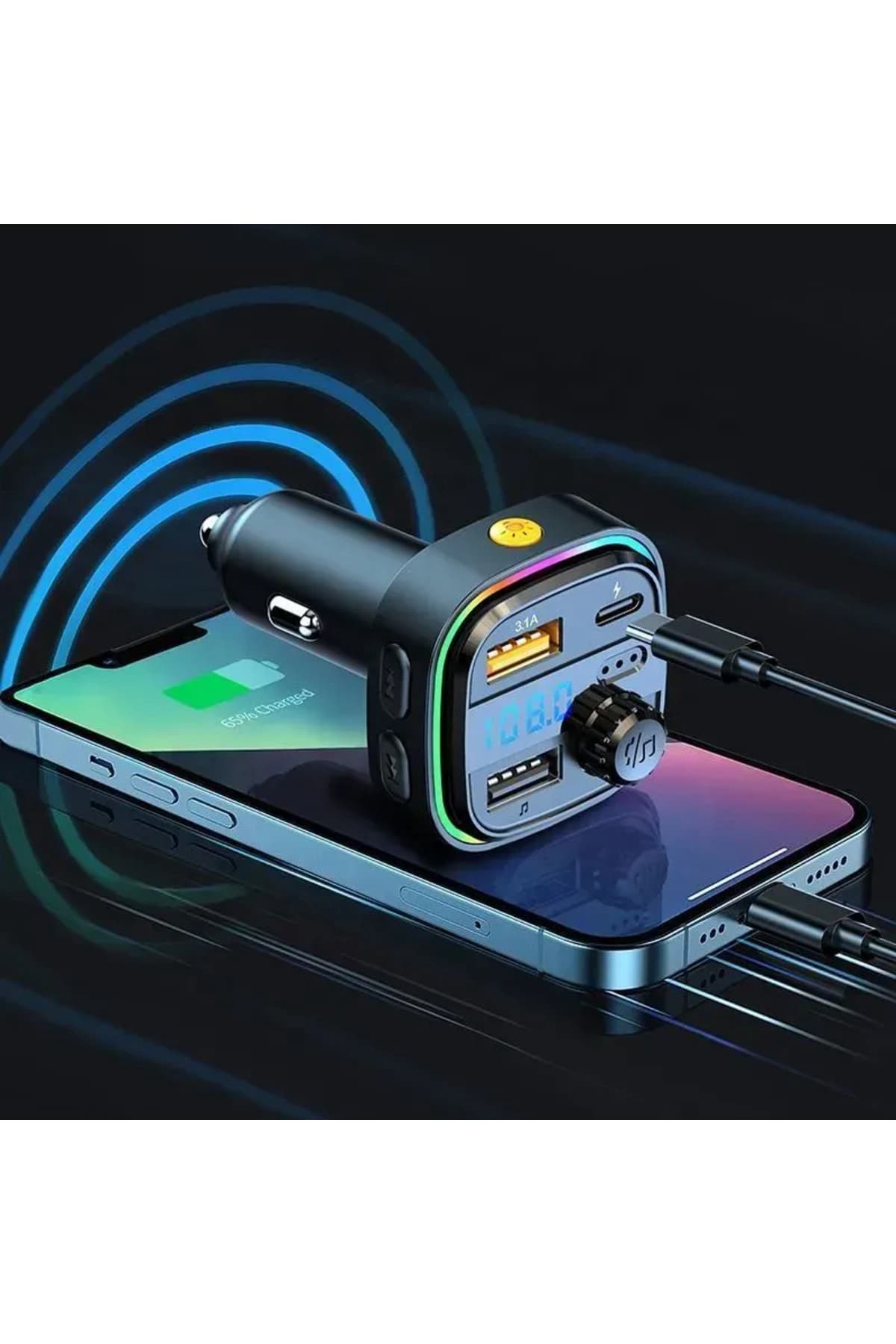AFT-13 Bluetooth 5.0 Araç İçi FM Transmitter - 3 Port Hızlı Şarj (2x USB-A + 1x USB-C), RGB LED Işıklı Eller Serbest Çakmaklık Şarj Cihazı AFT-13