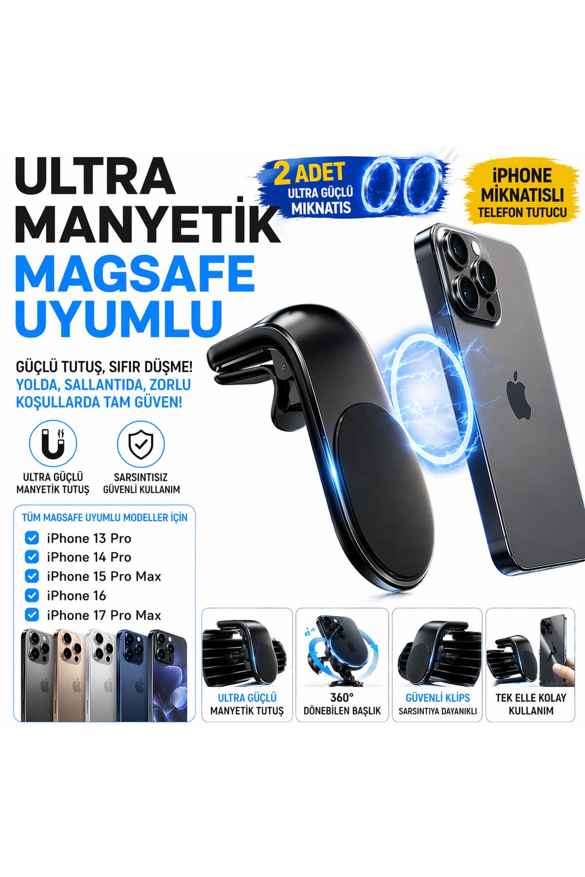 Manyetik Güçlü Mıknatıslı Izgara Tipi Mandallı Araç Içi Telefon Tutucu