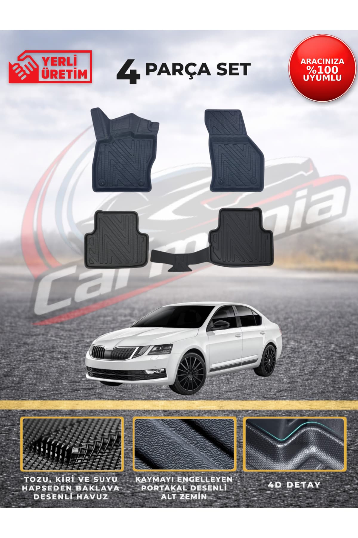 CarMania Skoda Octavia 4D Premium Havuzlu Paspas 2013-2020 Arası Uyumlu