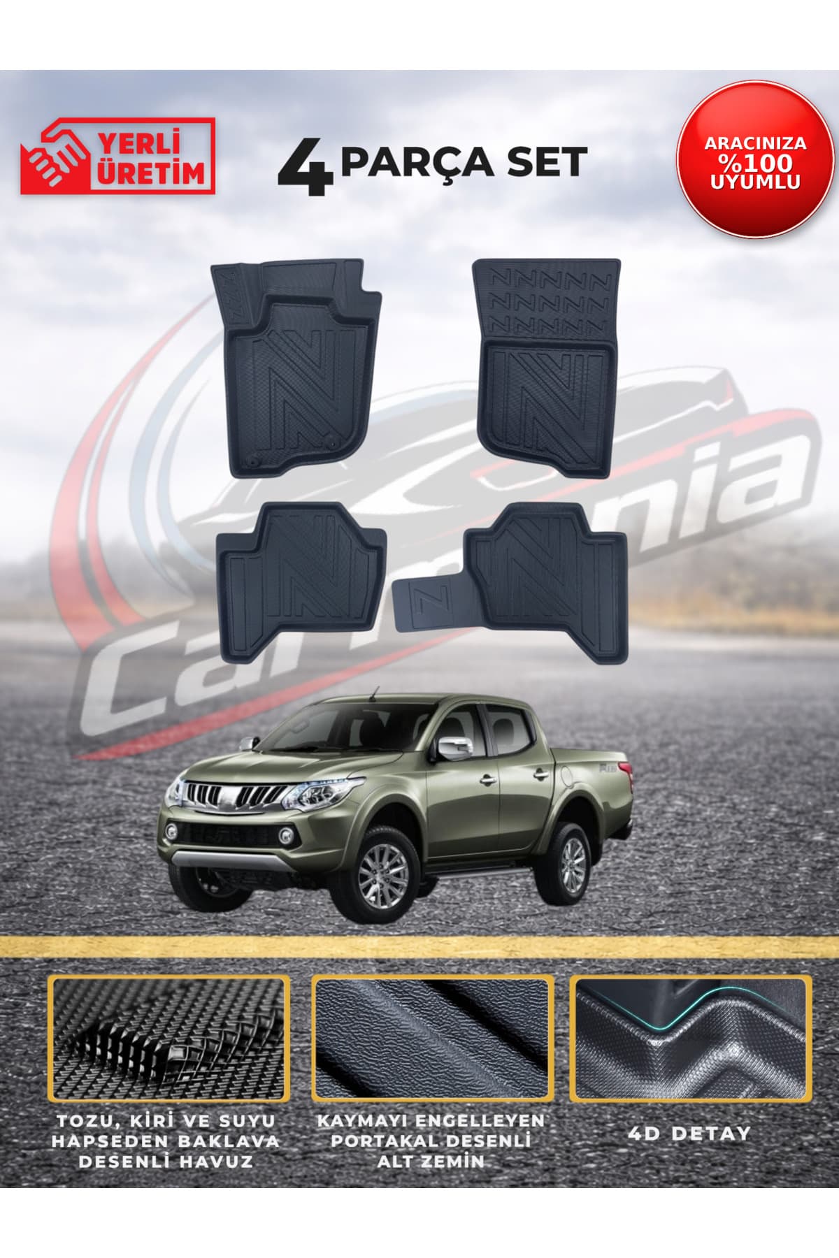CarMania Mitsubishi L200 4D Premium Havuzlu Paspas 2005-2018 Uyumlu