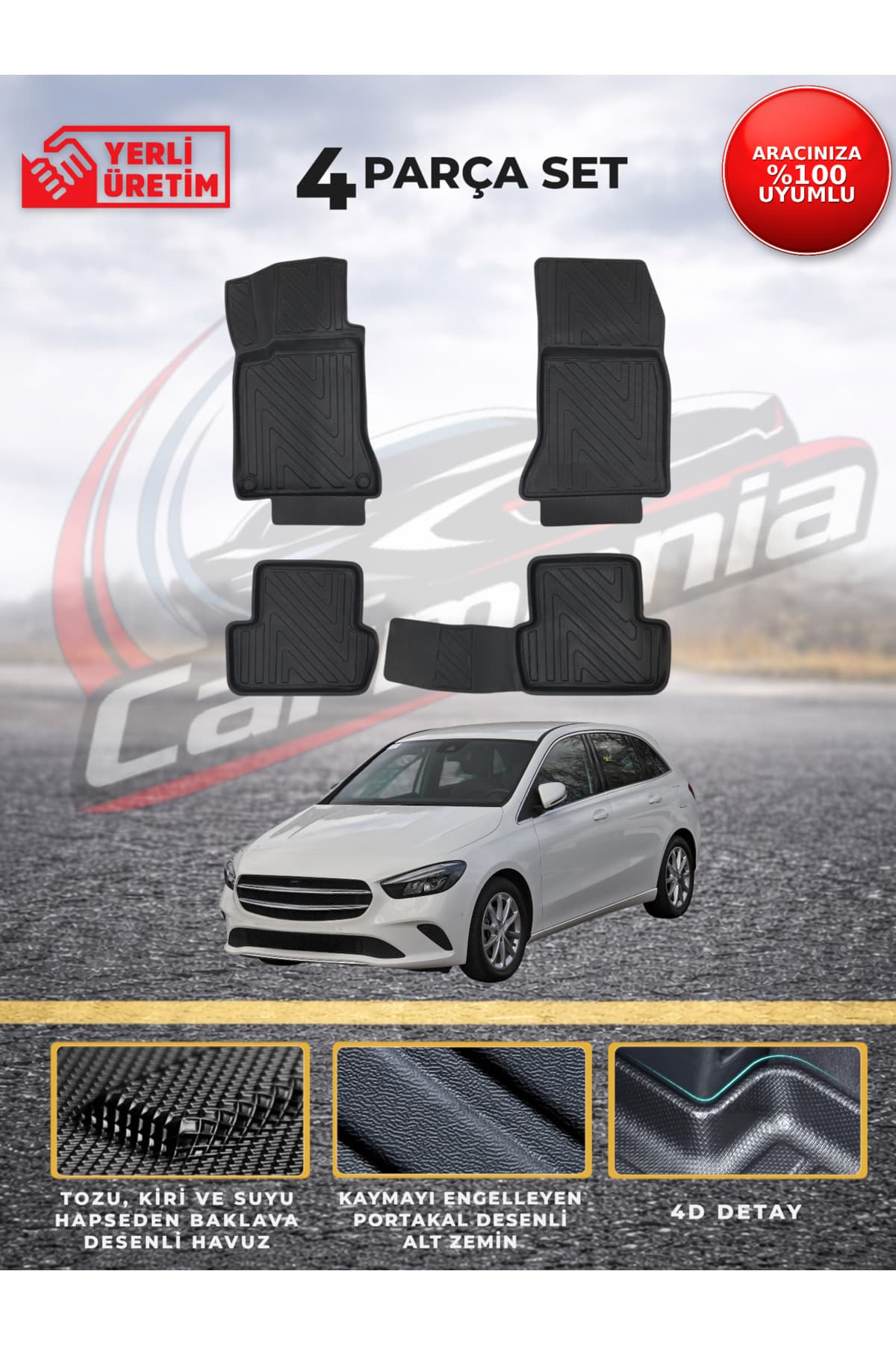 CarMania Mercedes-Benz B Serisi W246 Premium Havuzlu Paspas 4D 2011-2018 Arası Uyumlu