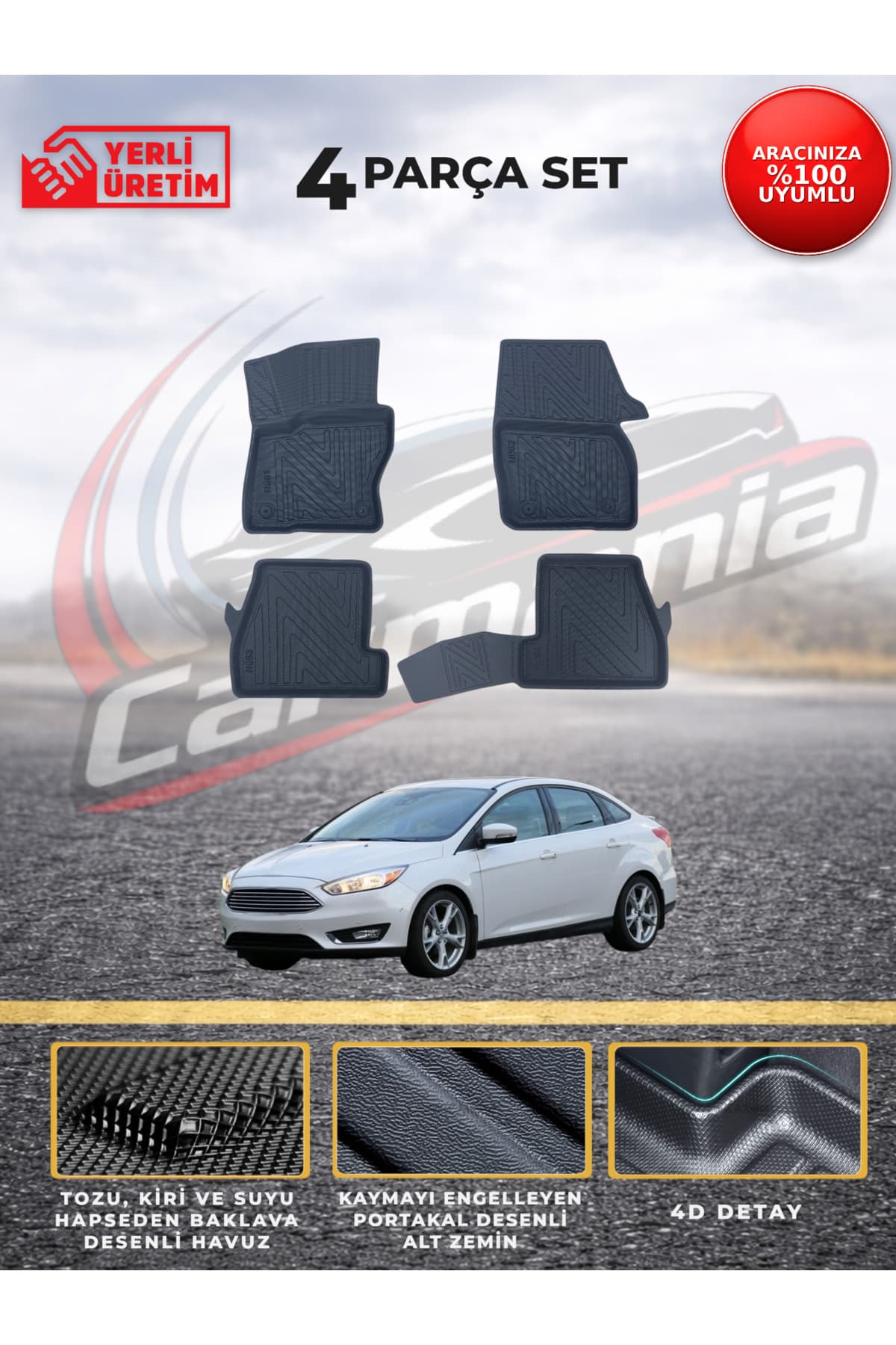 CarMania Ford Focus 4D Premium Havuzlu Paspas 2014-2018 Arası Uyumlu