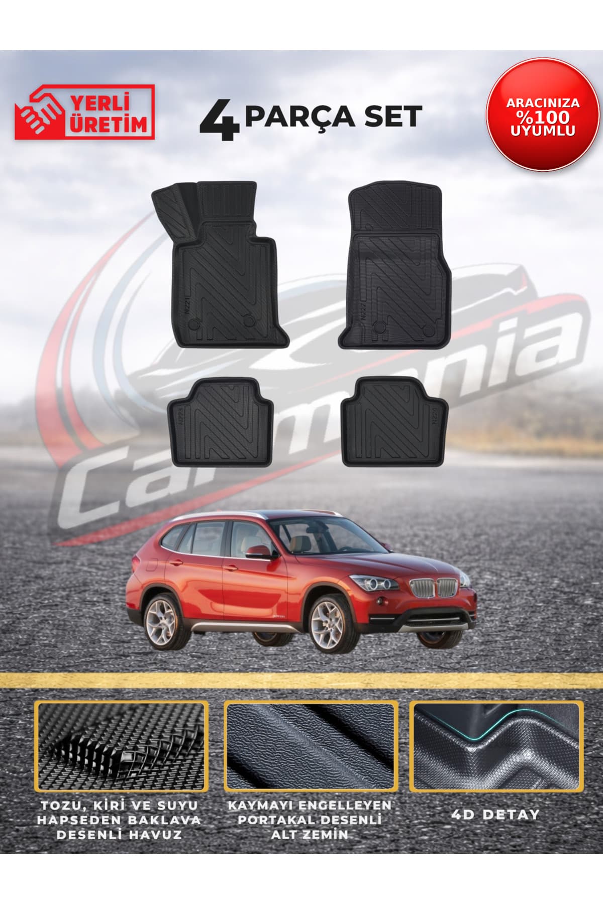 CarMania BMW X1 Premium Havuzlu Paspas 4D 2009-2015 Arası Uyumlu