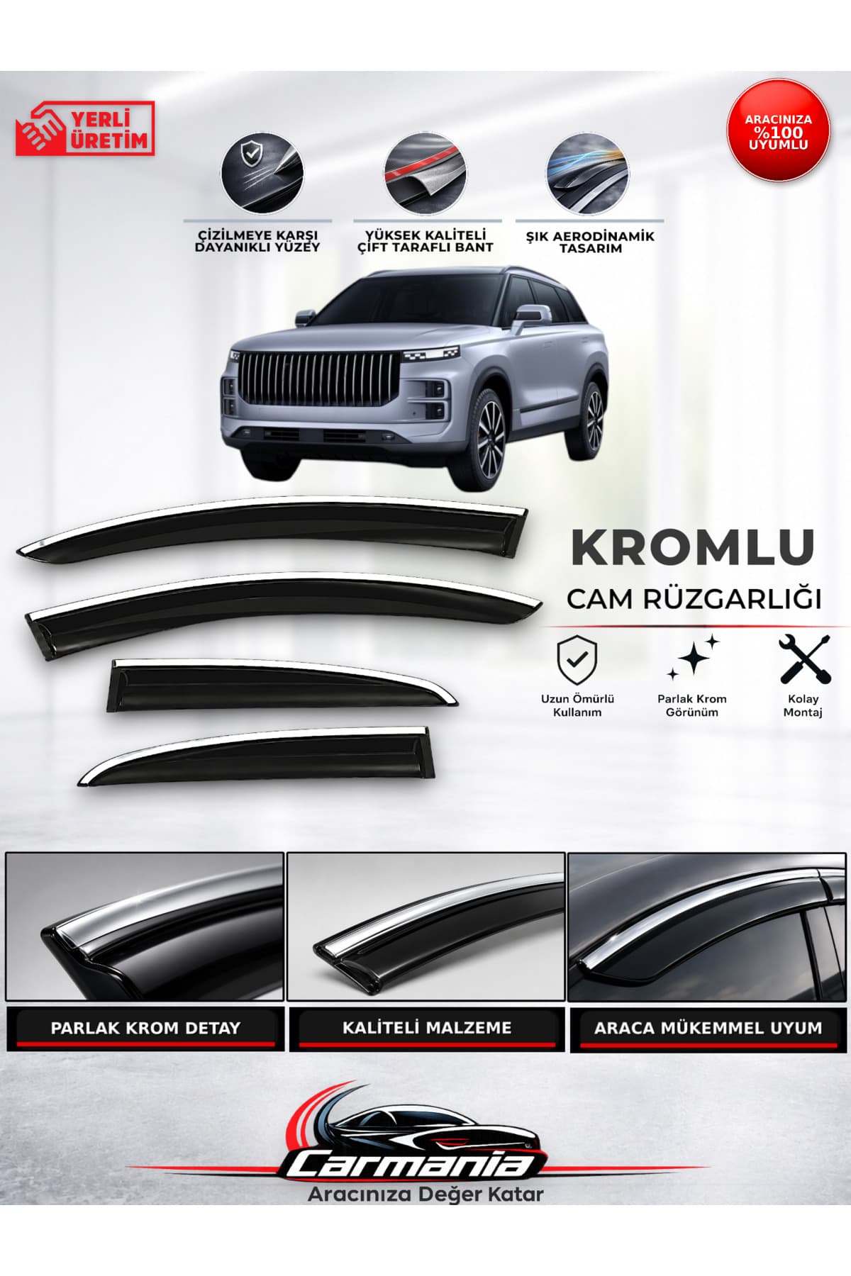 CarMania Jaecoo J7 Araca Özel Kromlu Cam Rüzgarlığı 4’lü Set
