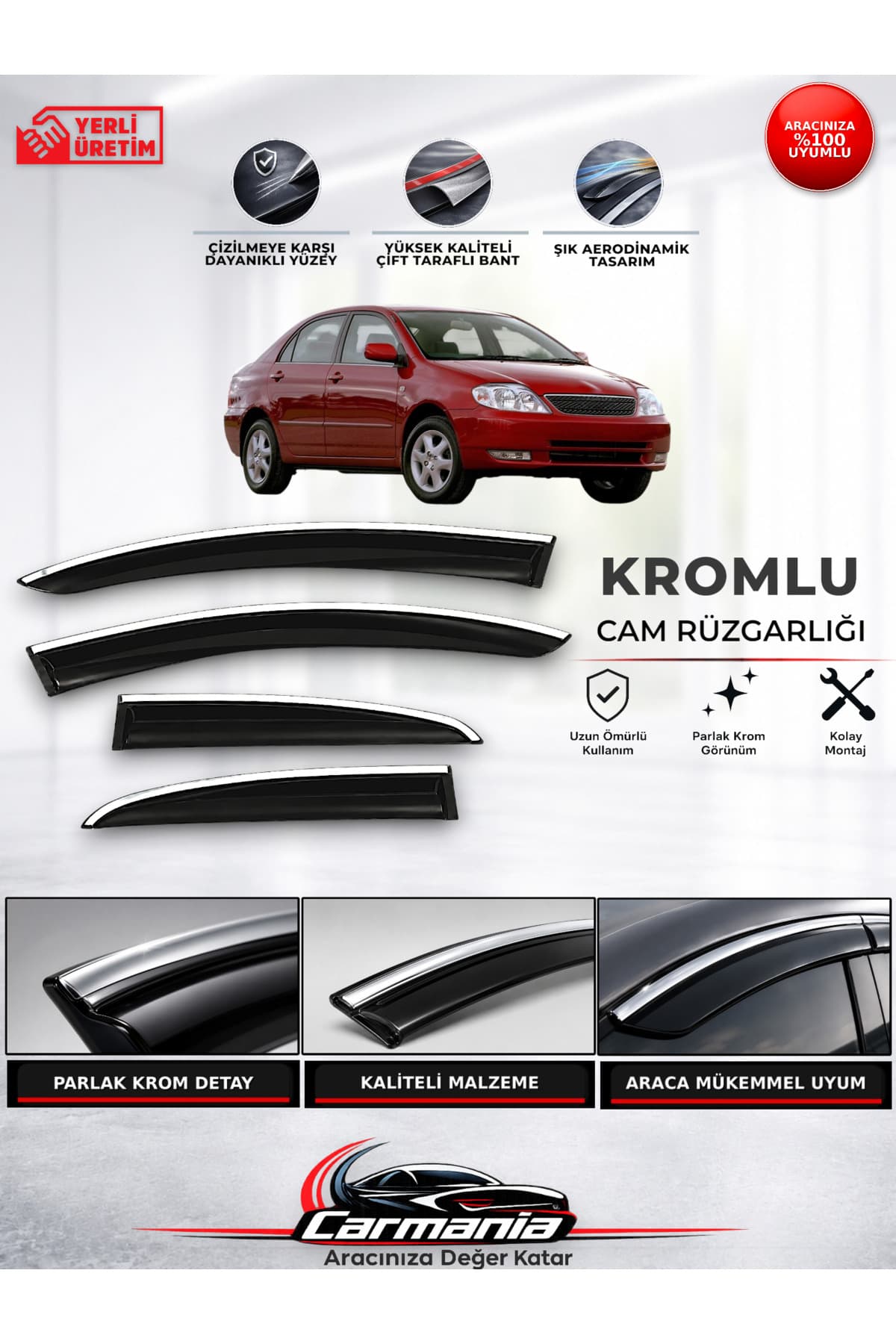 CarMania Toyota Corolla (2003 - 2007) Araca Özel Kromlu Cam Rüzgarlığı 4’lü Set