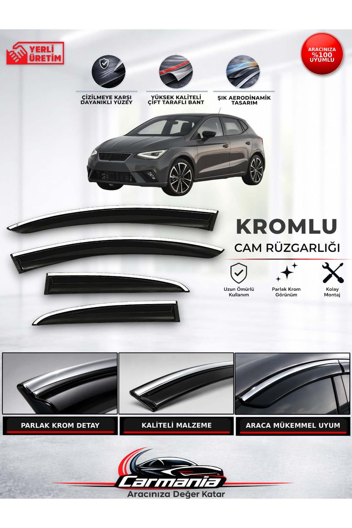 CarMania Seat İbiza 2017 ve Sonrası Araca Özel Kromlu Cam Rüzgarlığı 4’lü Set