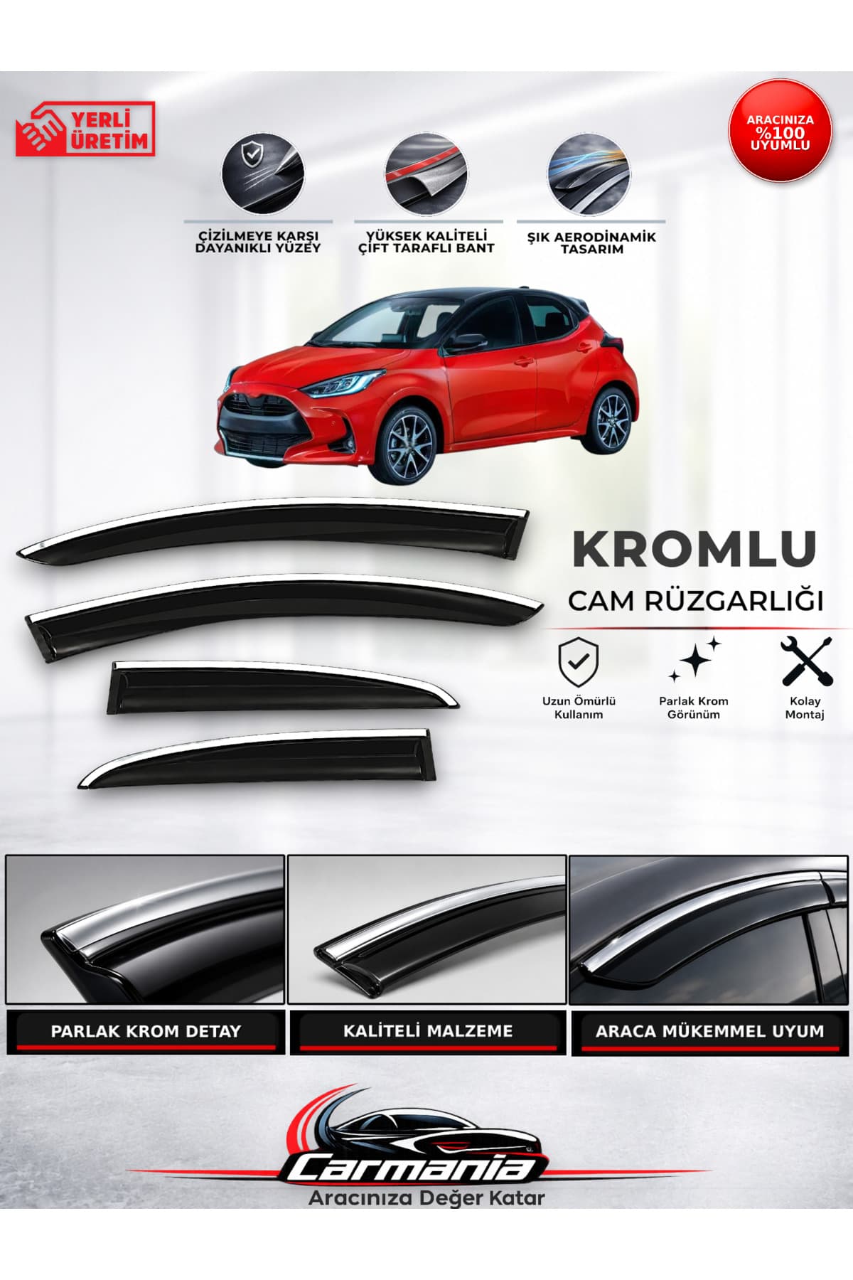 CarMania Toyota Yaris 2020 ve Sonrası Araca Özel Kromlu Cam Rüzgarlığı 4’lü Set