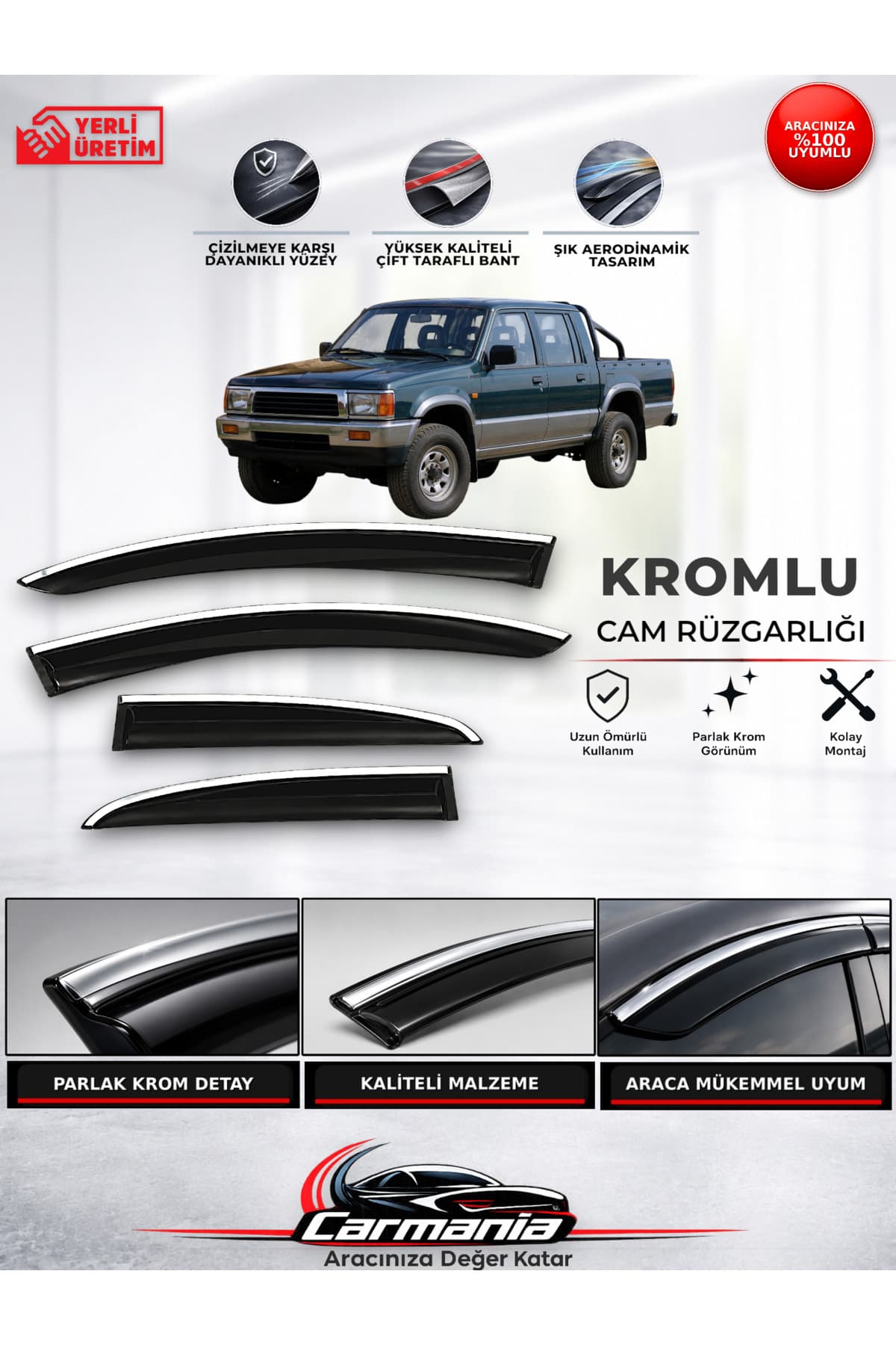 CarMania Mitsubishi L200 (1992 - 1999) Araca Özel Kromlu Cam Rüzgarlığı 4’lü Set
