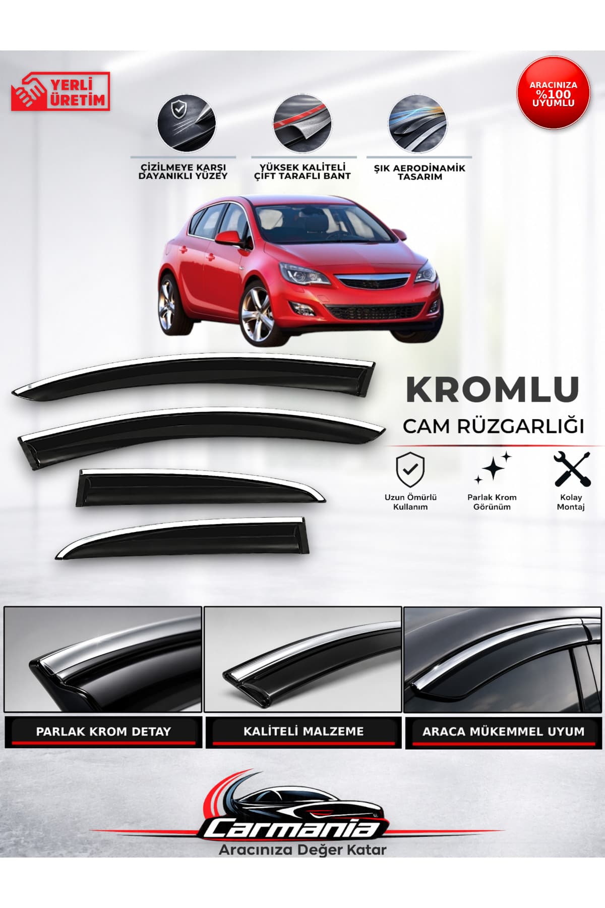 CarMania Opel Astra J (2009 - 2020) Araca Özel Kromlu Cam Rüzgarlığı 4’lü Set
