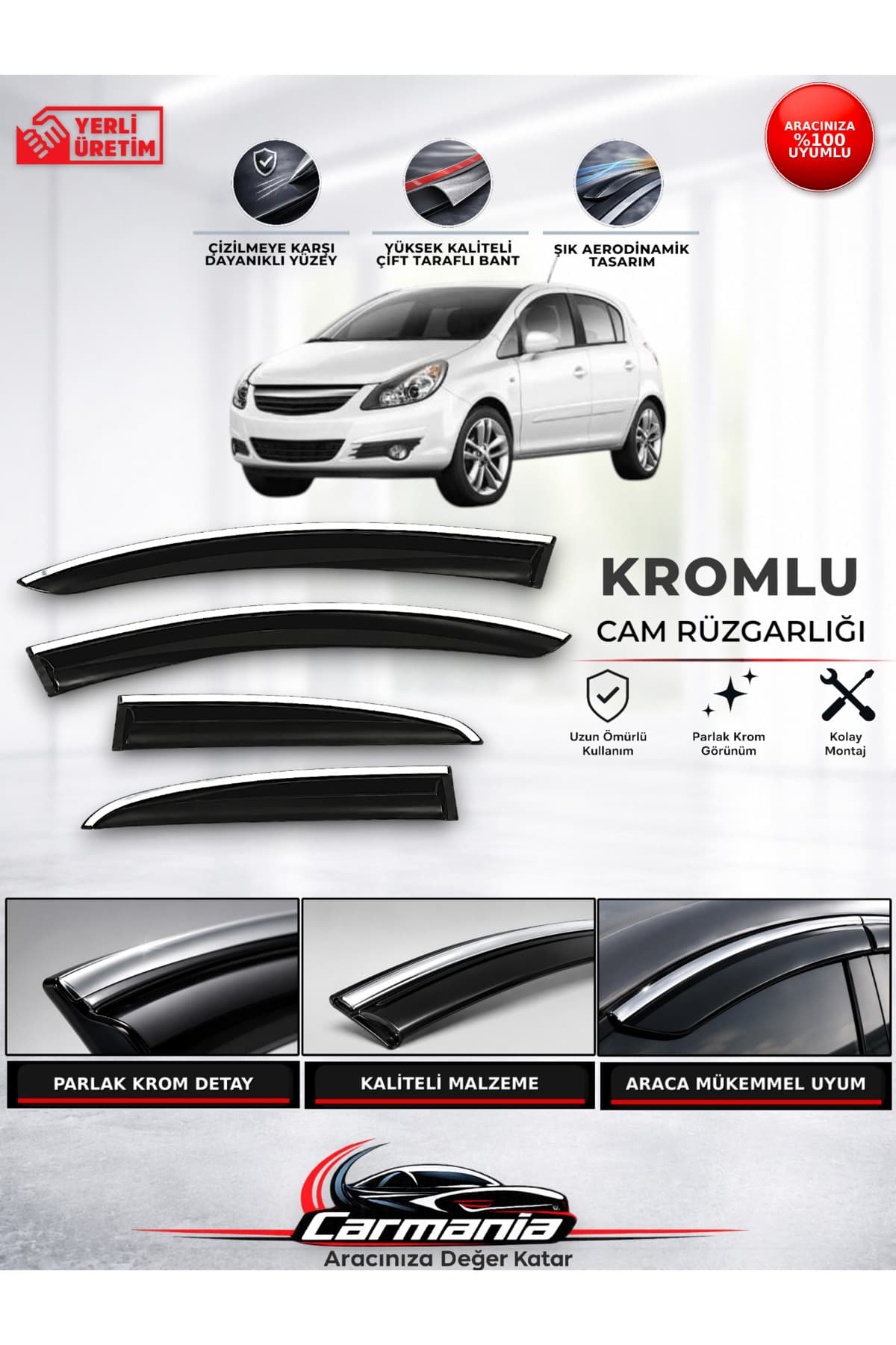 CarMania Opel Corsa D (2007 - 2014) Araca Özel Kromlu Cam Rüzgarlığı 4’lü Set