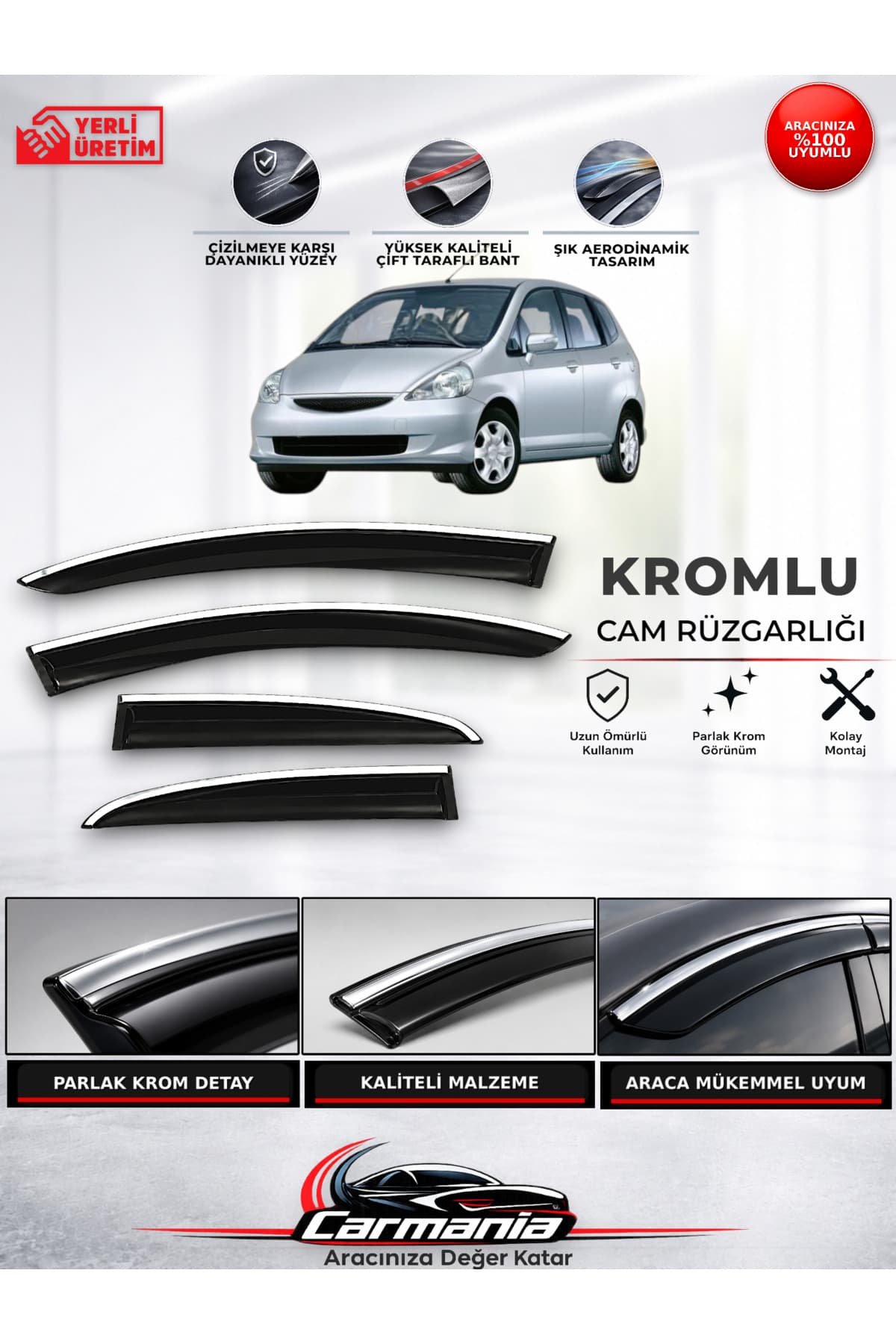 CarMania Honda Jazz (2002 - 2011) Araca Özel Kromlu Cam Rüzgarlığı 4’lü Set