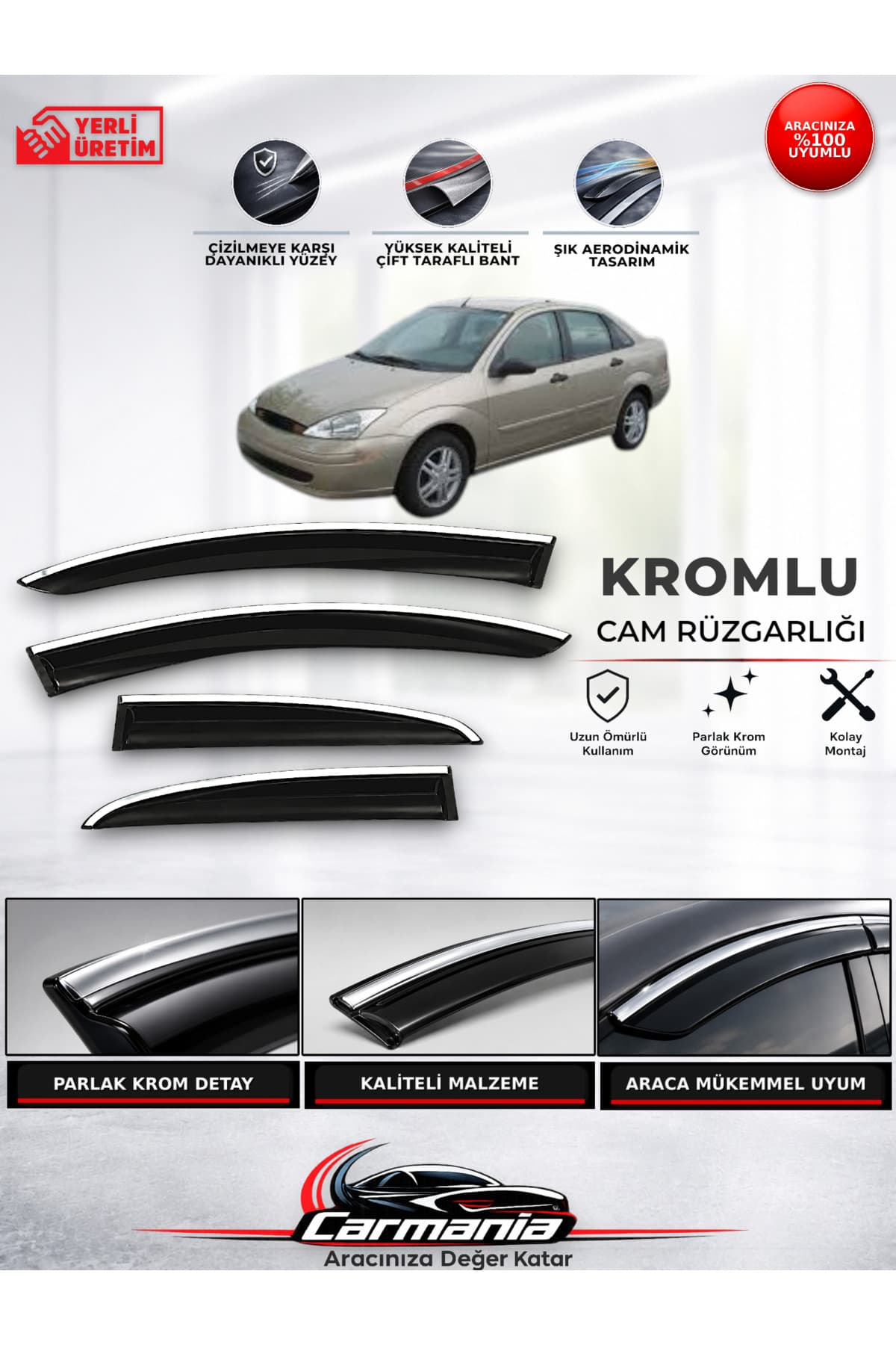CarMania Ford Focus 1 Sedan ( 1999 - 2005)Araca Özel Kromlu Cam Rüzgarlığı 4’lü Set