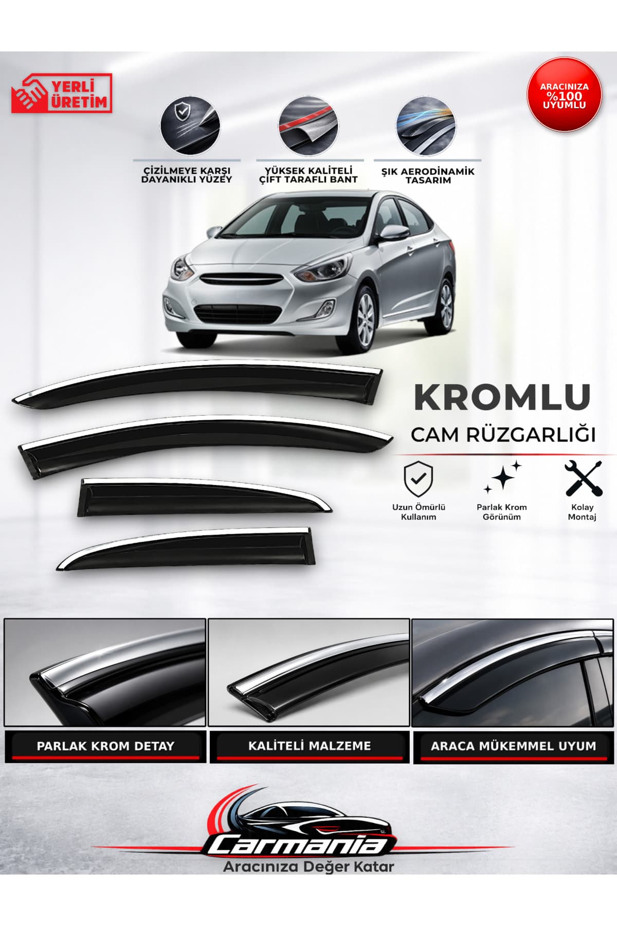 CarMania Hyundai Accent Blue Araca Özel Kromlu Cam Rüzgarlığı 4’lü Set