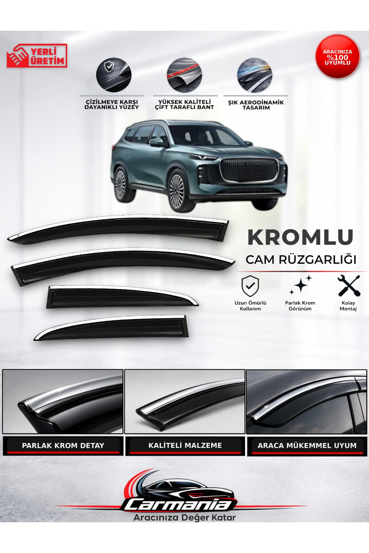 CarMania Chery Tiggo 8 Araca Özel Kromlu Cam Rüzgarlığı 4’lü Set