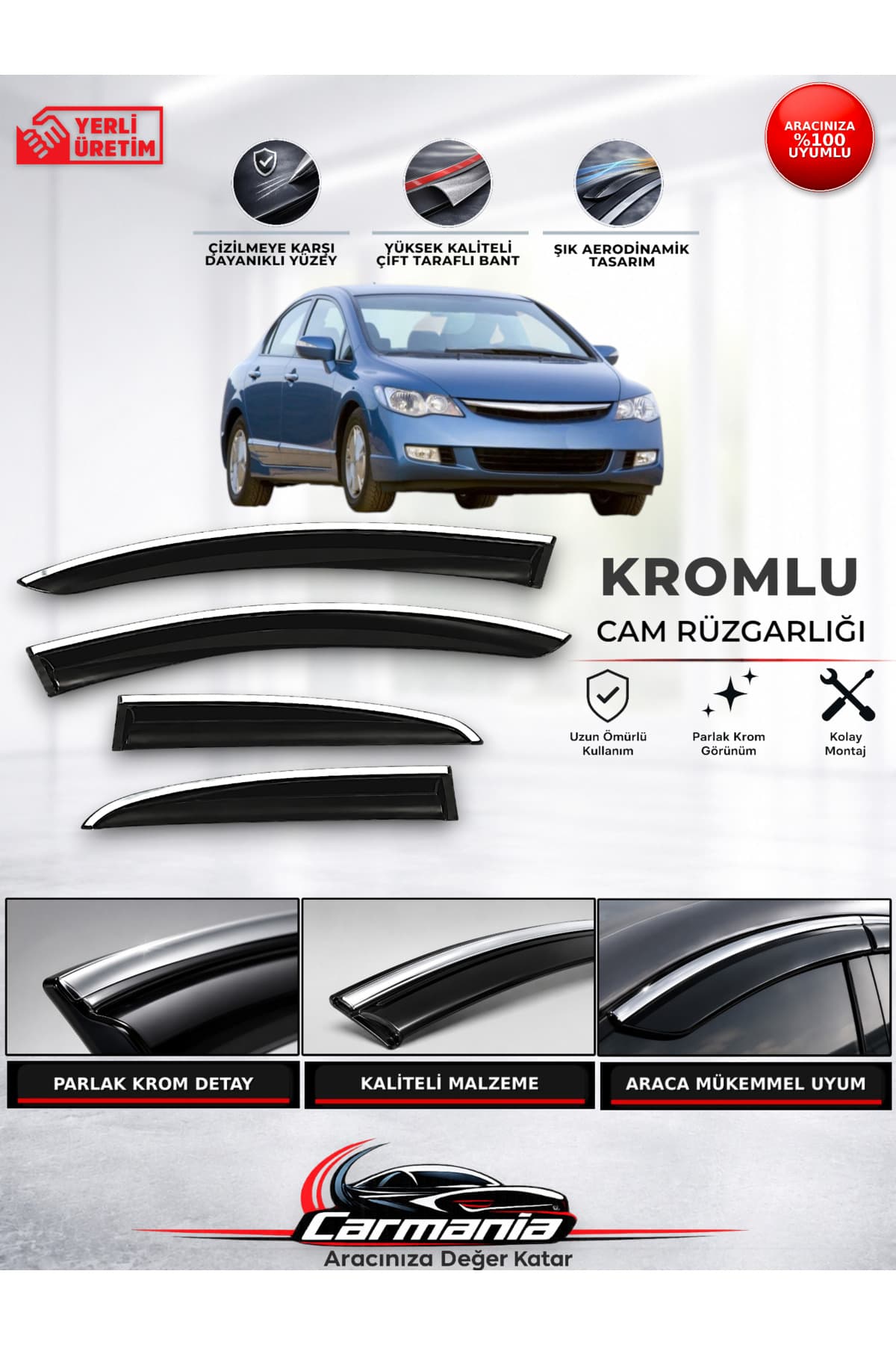 CarMania Honda Civic FD6 ( 2007 - 2012) Araca Özel Kromlu Cam Rüzgarlığı 4’lü Set