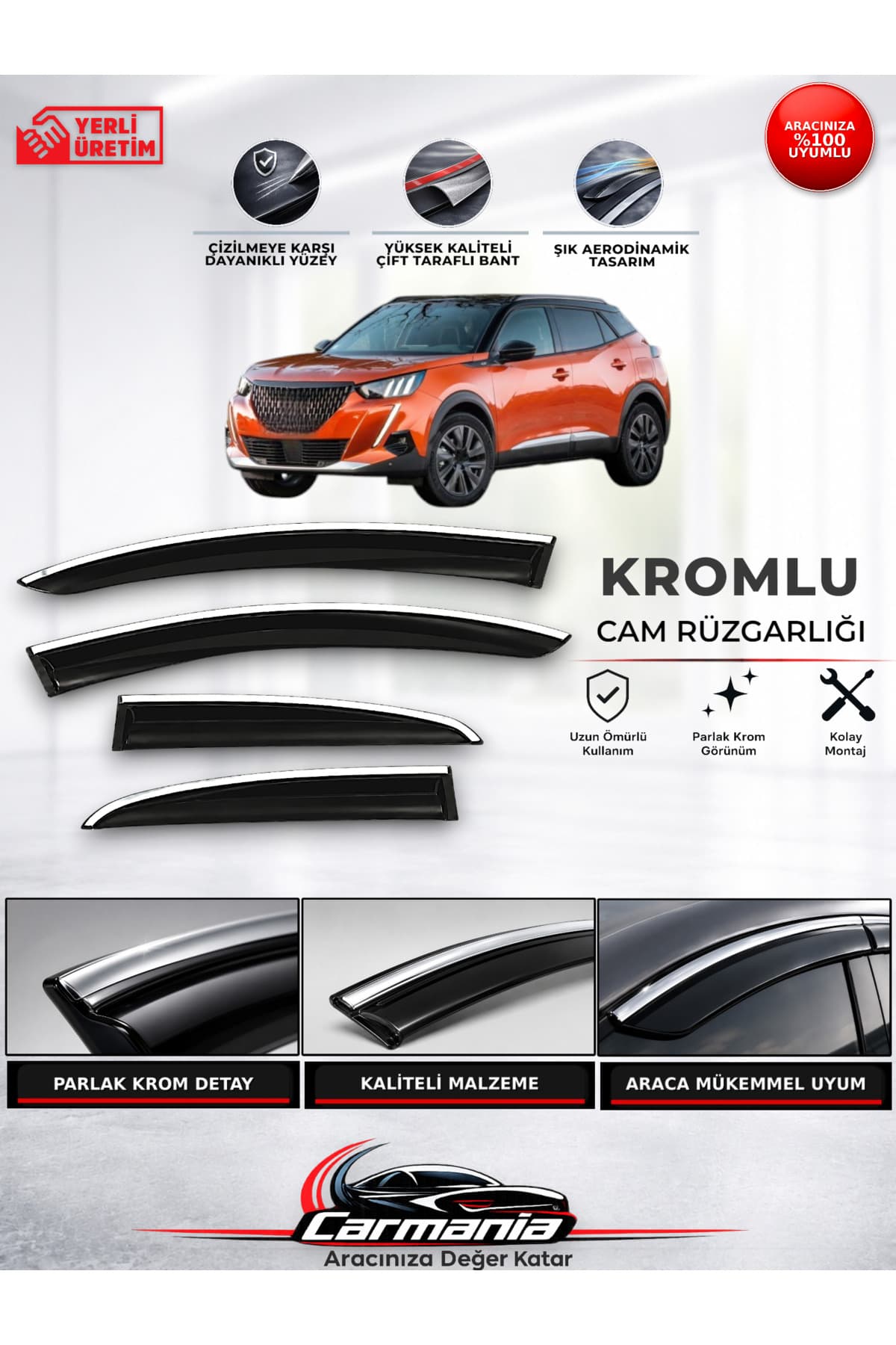 CarMania Peugeot 2008 (2019 ve Sonrası) Araca Özel Kromlu Cam Rüzgarlığı 4’lü Set