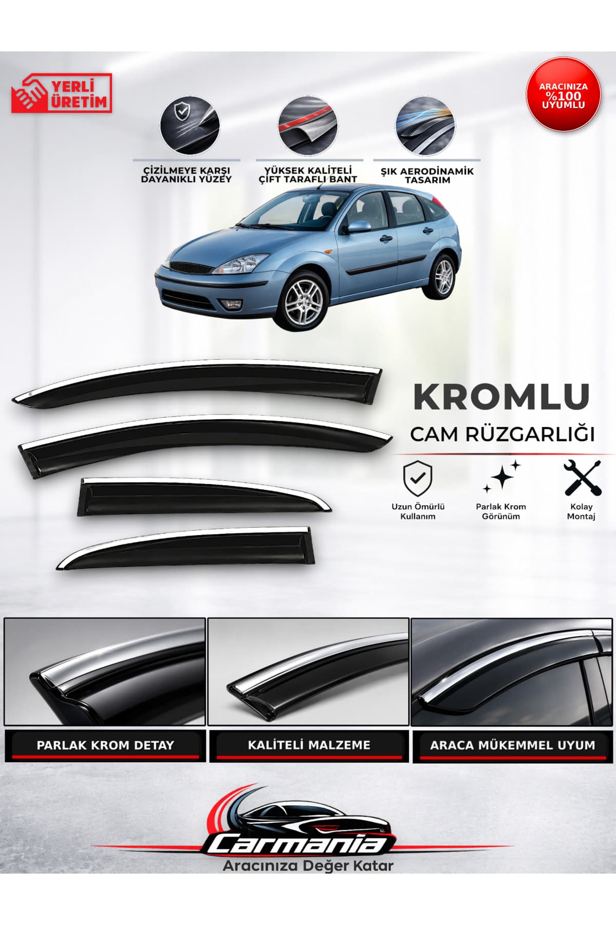 CarMania Ford Focus 1 HB (1999 - 2005) Araca Özel Kromlu Cam Rüzgarlığı 4’lü Set