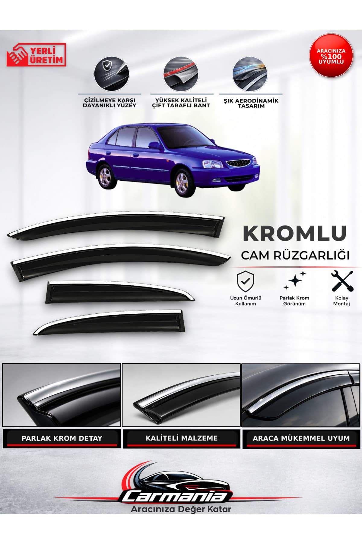 CarMania Hyundai Accent (2000 - 2003) Araca Özel Kromlu Cam Rüzgarlığı 4’lü Set
