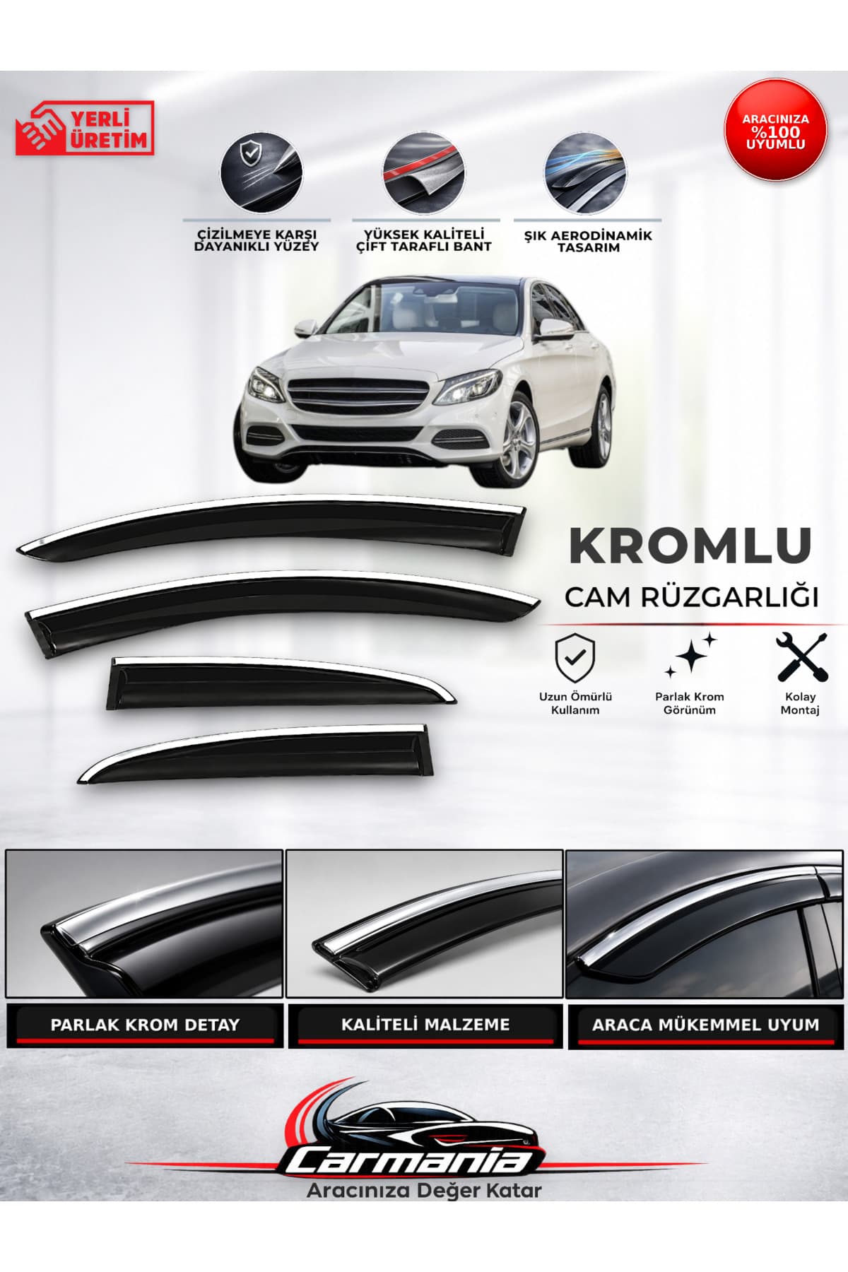 CarMania Mercedes C Serisi W205 (2014 - 2021) Araca Özel Kromlu Cam Rüzgarlığı 4’lü Set