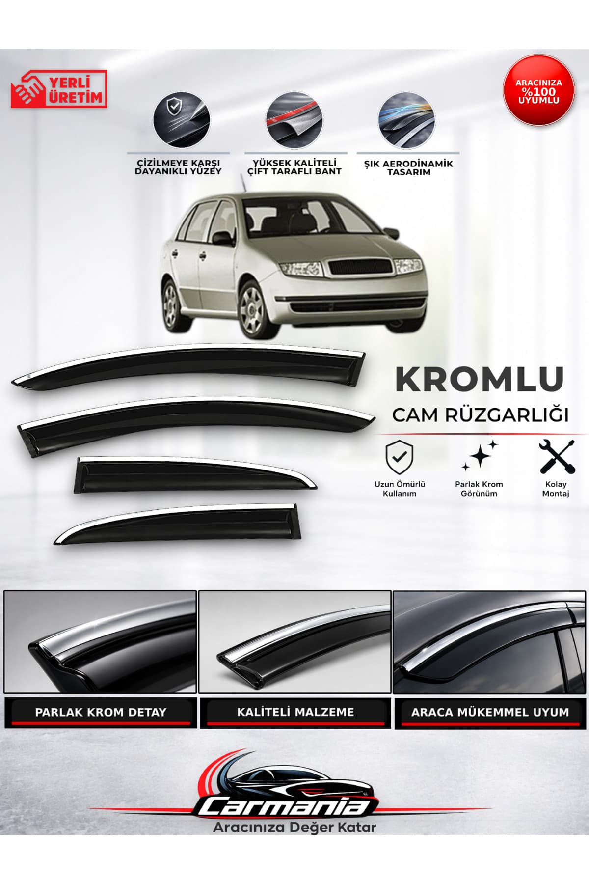 CarMania Skoda Fabia (2001 - 2008) Araca Özel Kromlu Cam Rüzgarlığı 4’lü Set