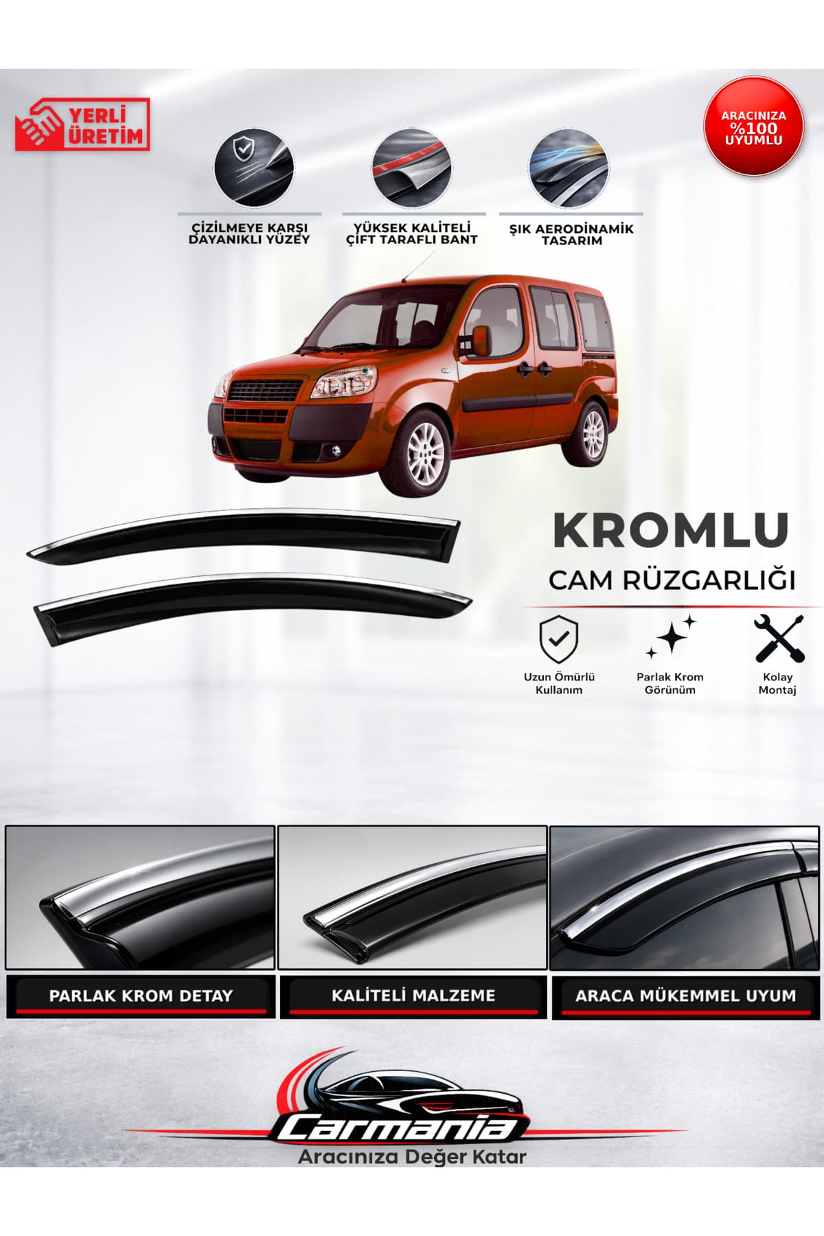 CarMania Fiat Doblo (2000 - 2010) Araca Özel Kromlu Cam Rüzgarlığı 2’li Set