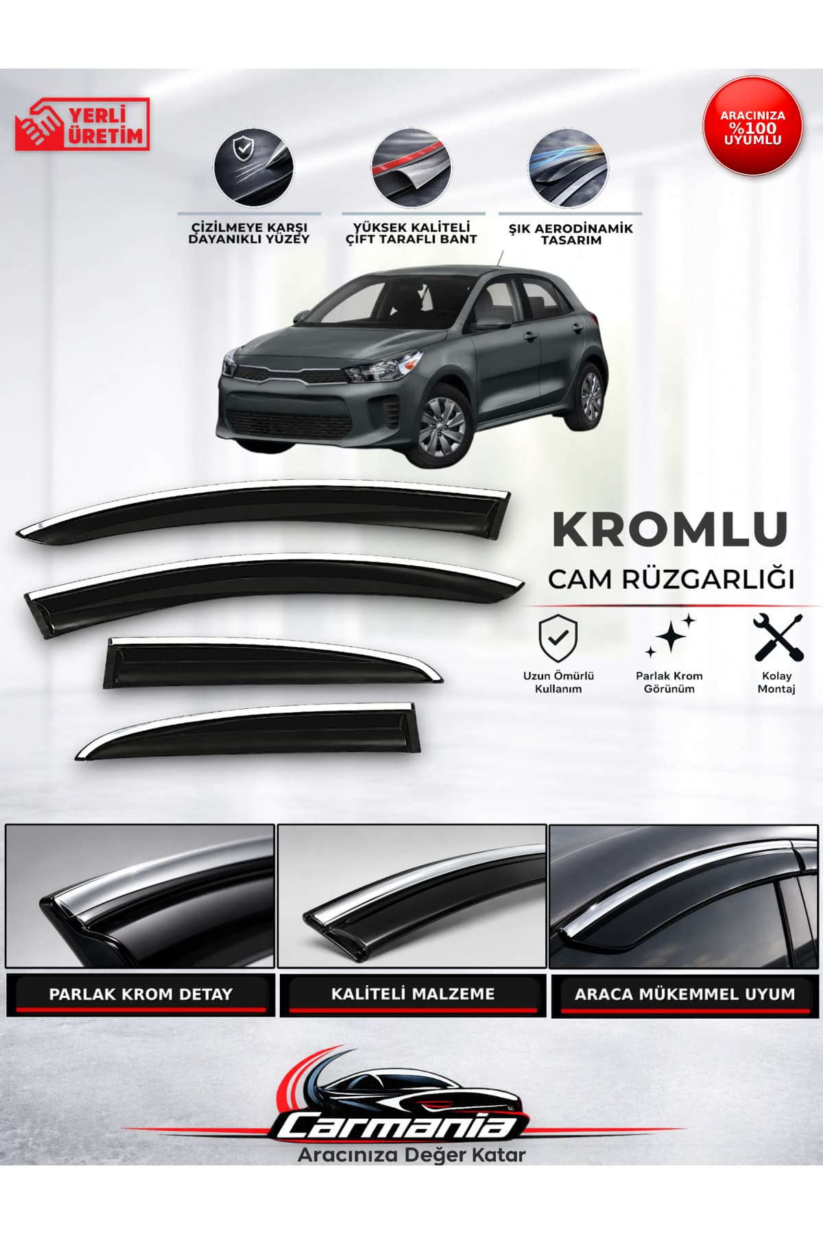 CarMania Kia Rio 2017 ve Sonrası Araca Özel Kromlu Cam Rüzgarlığı 4’lü Set