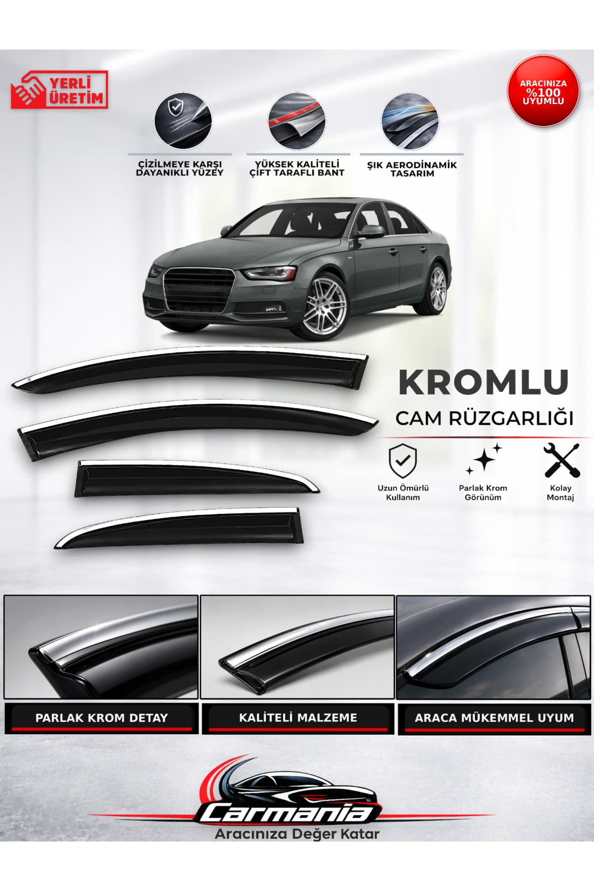 CarMania Audi A4 (2008 - 2015) Araca Özel Kromlu Cam Rüzgarlığı 4’lü Set
