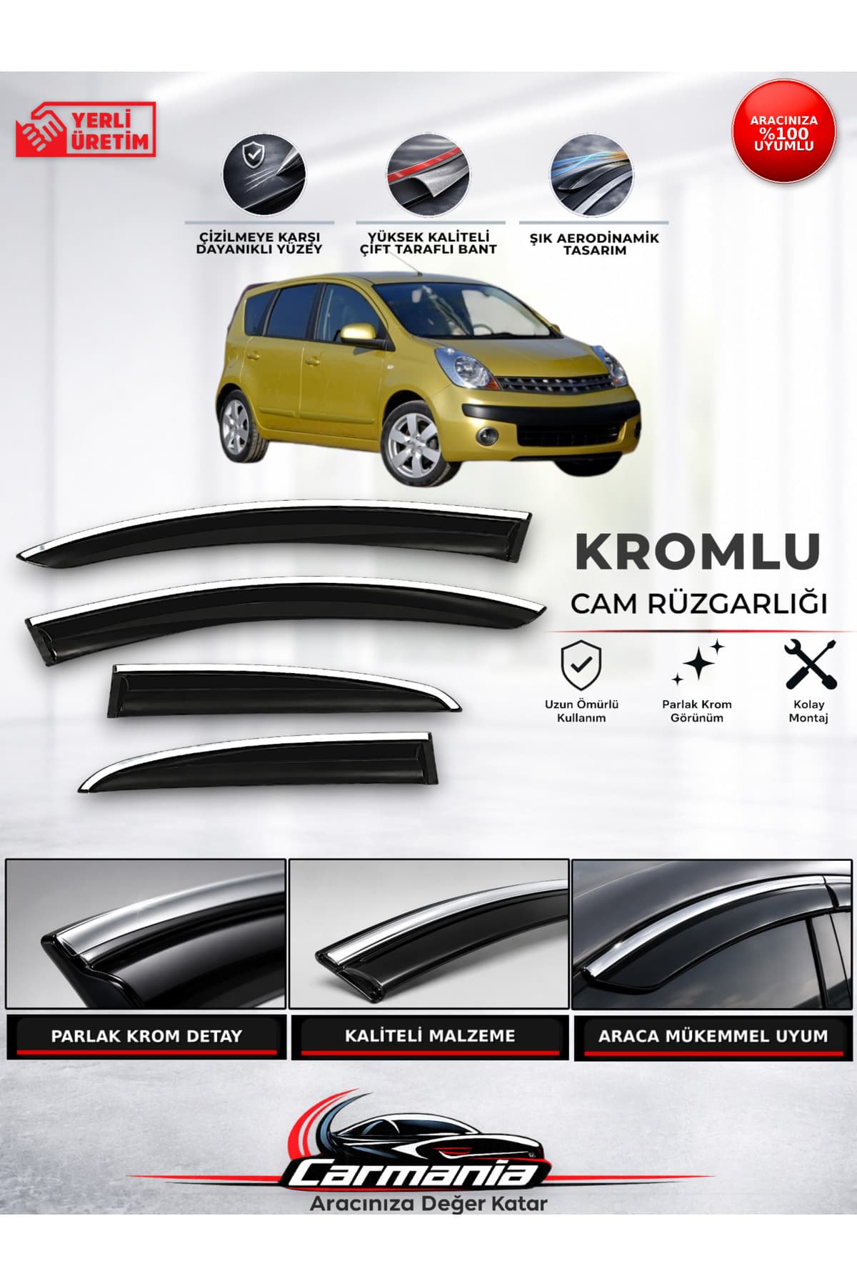 CarMania Nissan Note (2006 - 2012) Araca Özel Kromlu Cam Rüzgarlığı 4’lü Set
