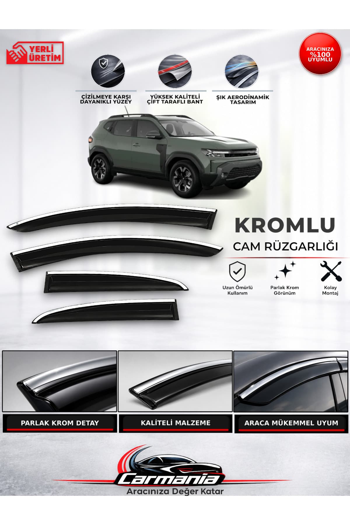 CarMania Renault Duster 2024 ve Sonrası Araca Özel Kromlu Cam Rüzgarlığı 4’lü Set