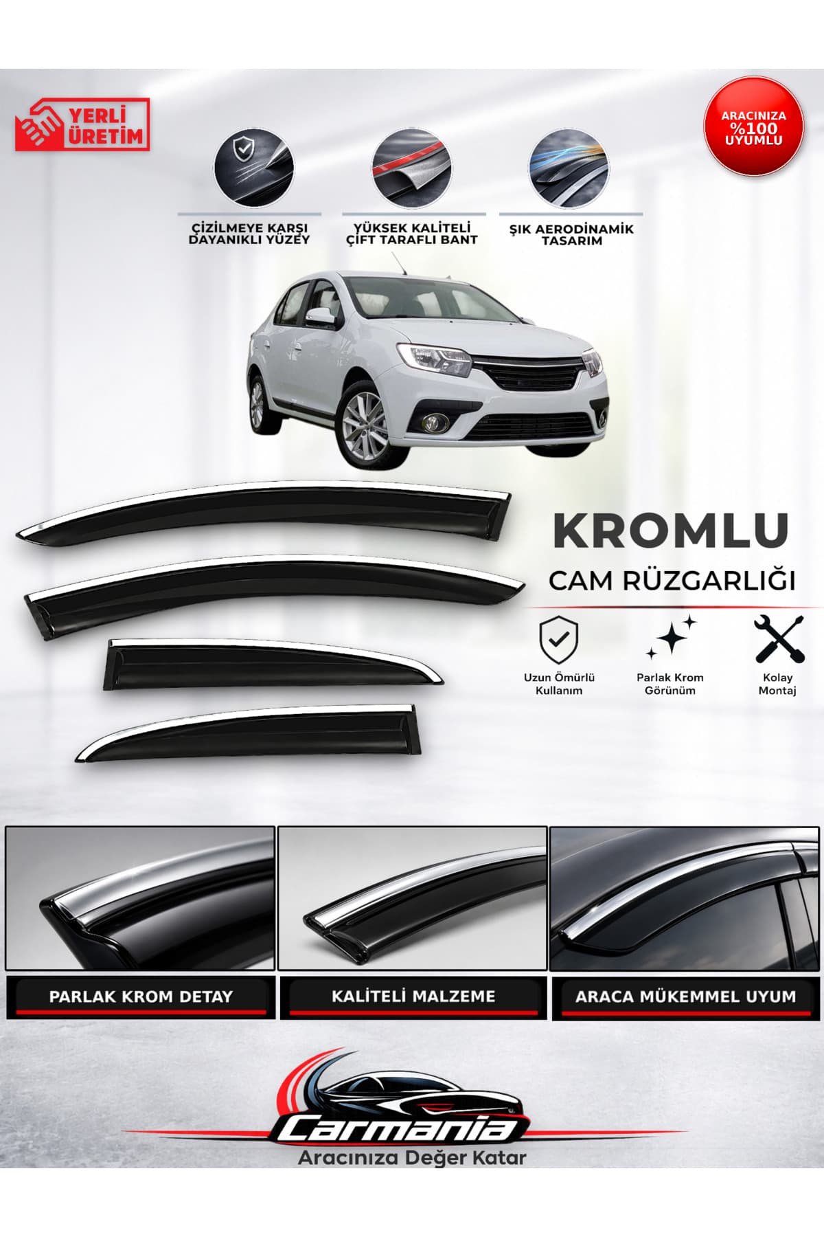 CarMania Renault Symbol (2013 - 2020) Araca Özel Kromlu Cam Rüzgarlığı 4’lü Set