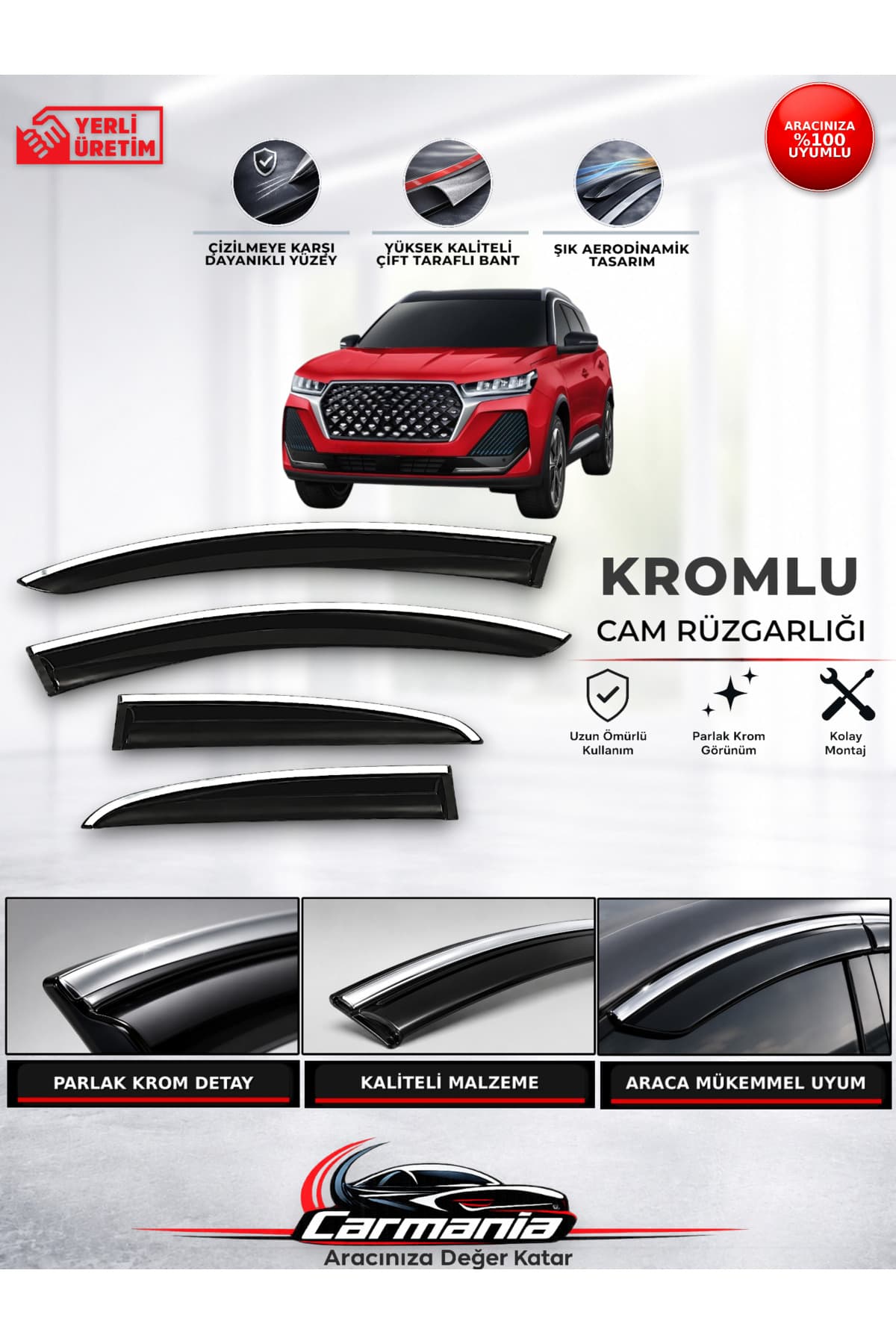 CarMania Chery Tiggo 7 Pro Araca Özel Kromlu Cam Rüzgarlığı 4’lü Set