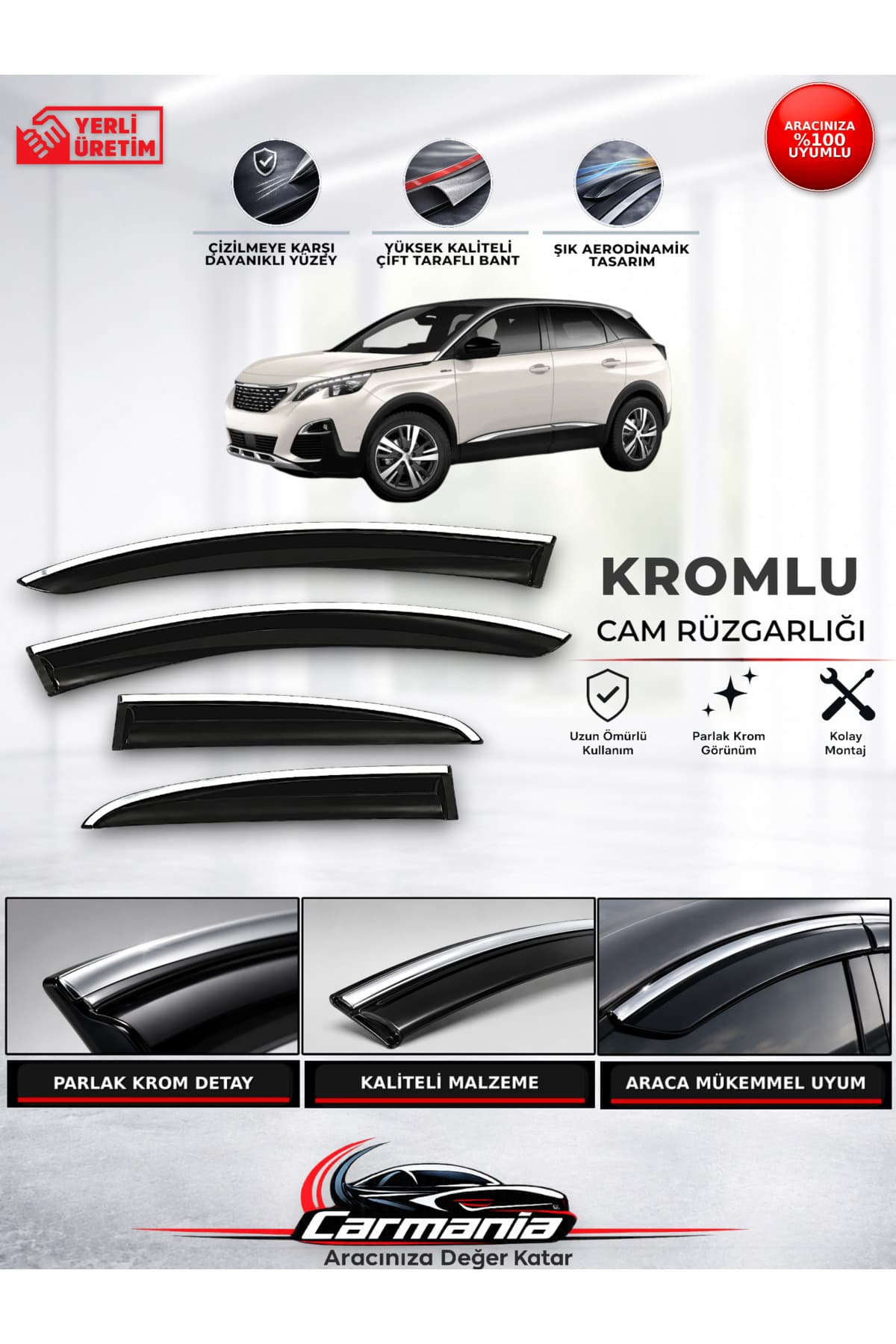 CarMania Peugeot 3008 (2016 - 2024) Araca Özel Kromlu Cam Rüzgarlığı 4’lü Set