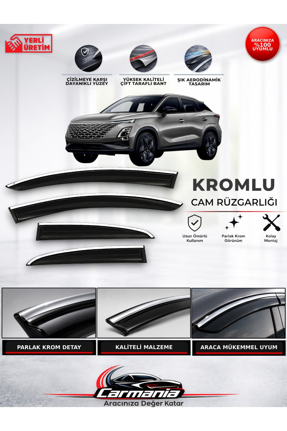 CarMania Chery Omoda 5 Araca Özel Kromlu Cam Rüzgarlığı 4’lü Set