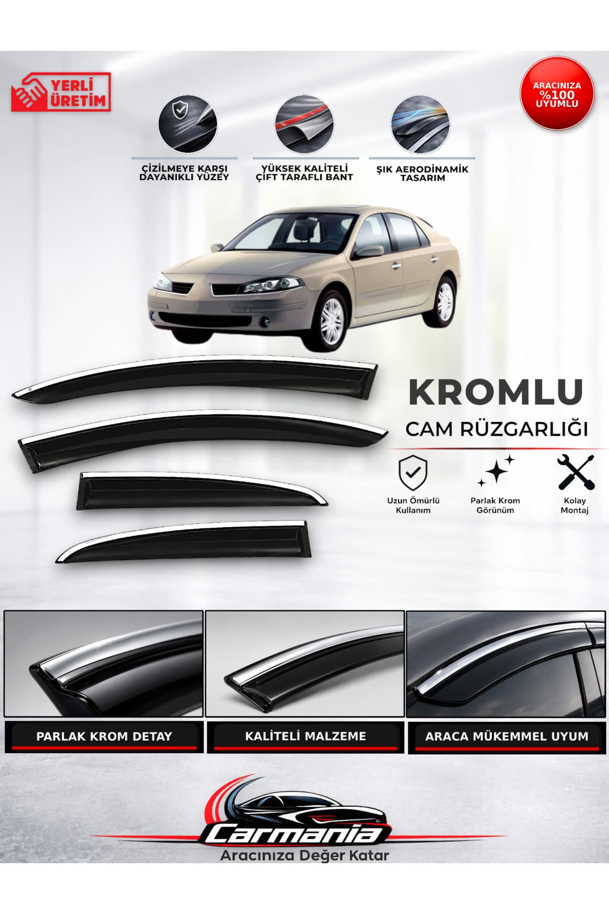 CarMania Renault Laguna (2001 - 2008) Araca Özel Kromlu Cam Rüzgarlığı 4’lü Set
