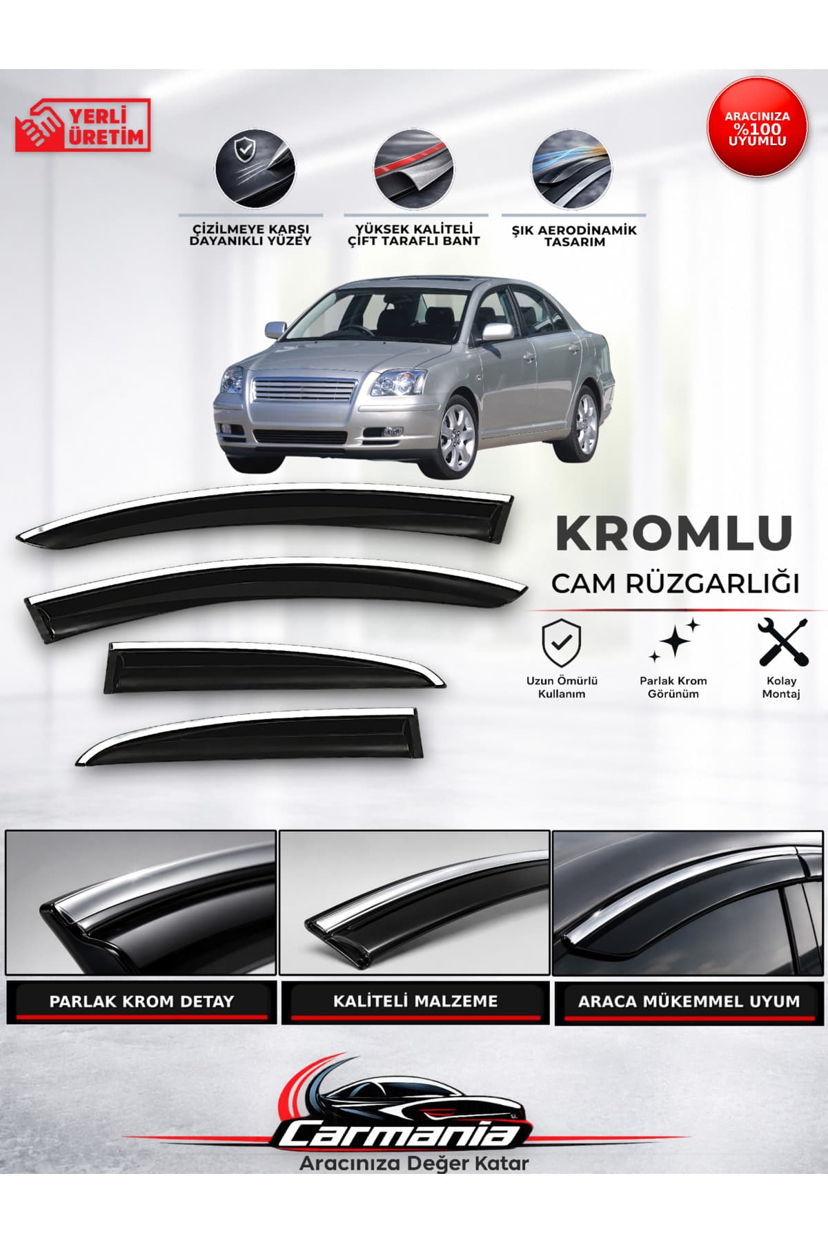 CarMania Toyota Avensis (2003 - 2009) Araca Özel Kromlu Cam Rüzgarlığı 4’lü Set