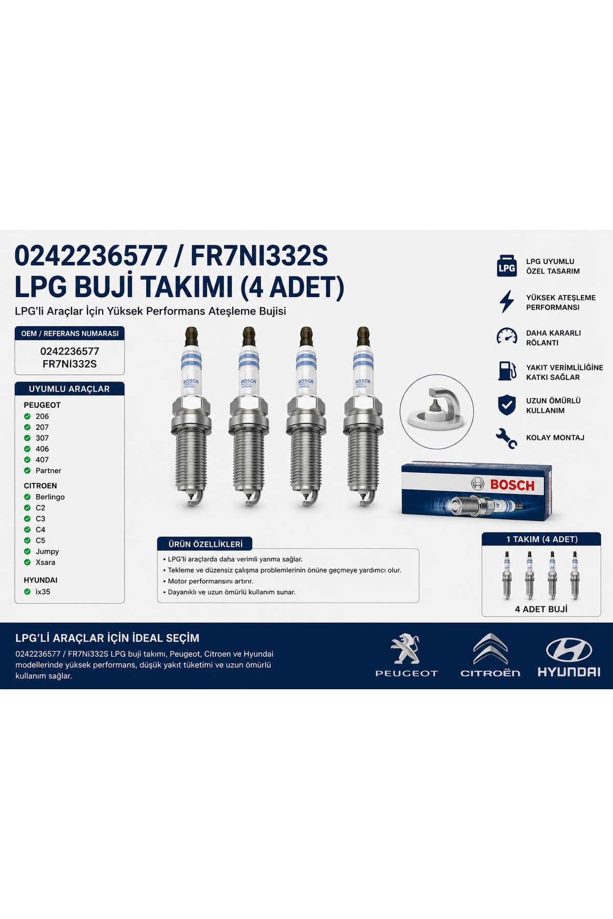 Peugeot Citroen LPG Bujisi 0242236577 TAKIM (4 ADET) FR7NI332S 206 207 307 406 407 Partner Berlingo