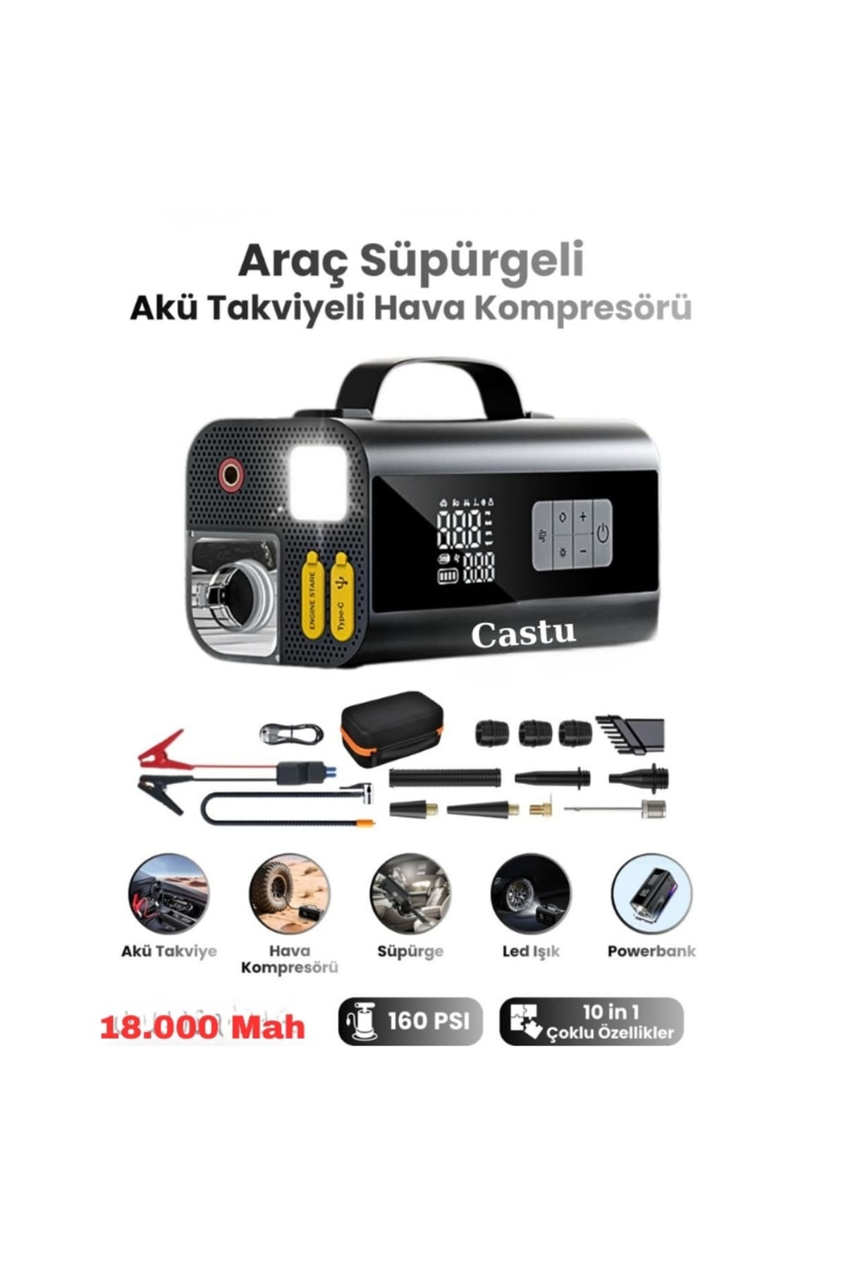 Bagajon Castu Jump Starter Süpürgeli Akü Takviye Cihazı 18.000MAH 10 in 1 Powerbank, Hava Kompresörü, LCD EK
