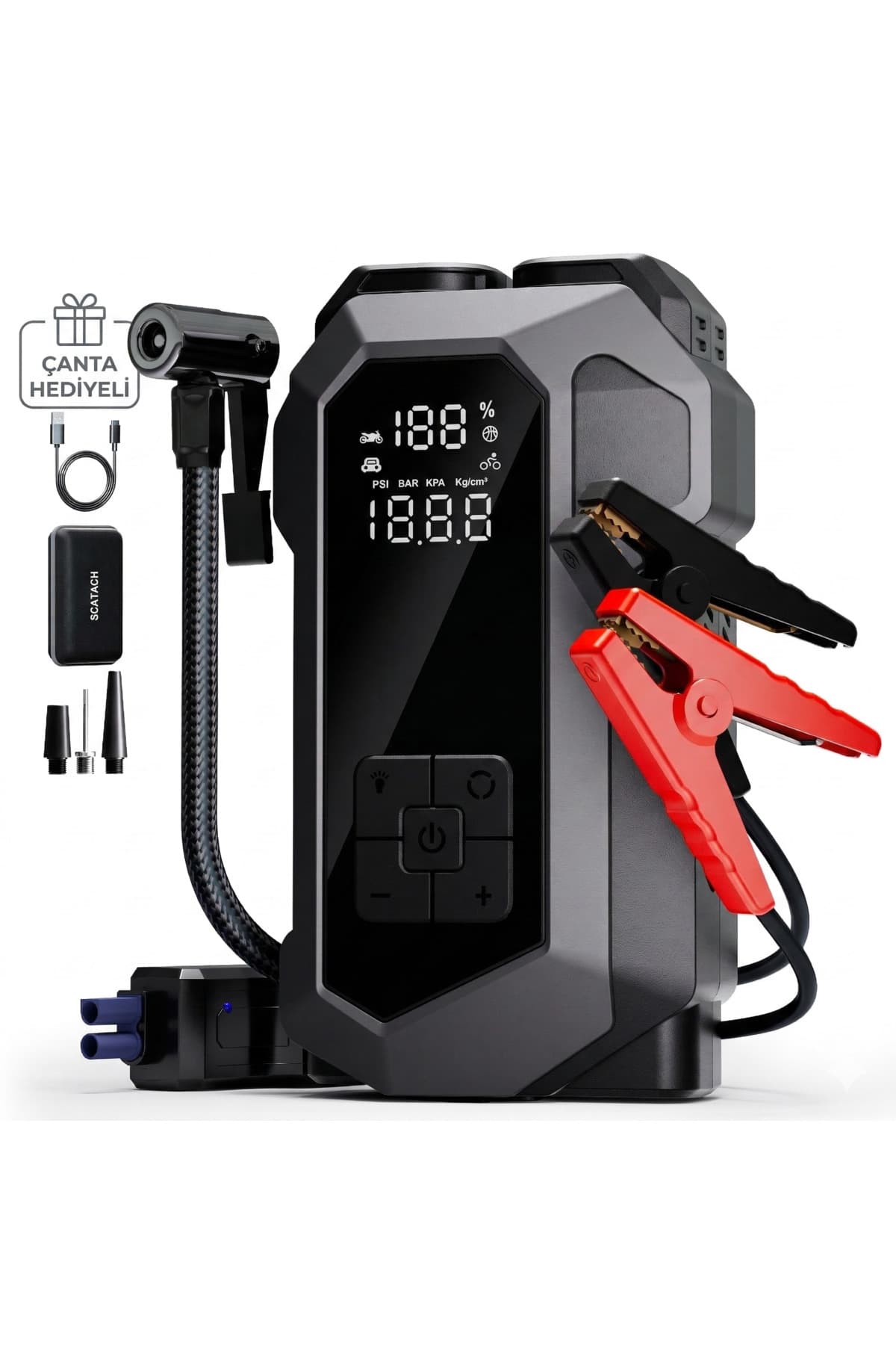 TARÇIN 16000 mah Akü Takviye Cihazı Çanta Hediyeli 4'ü 1 Arada Jump Starter, Hava Pompası, Powerbank ve LED