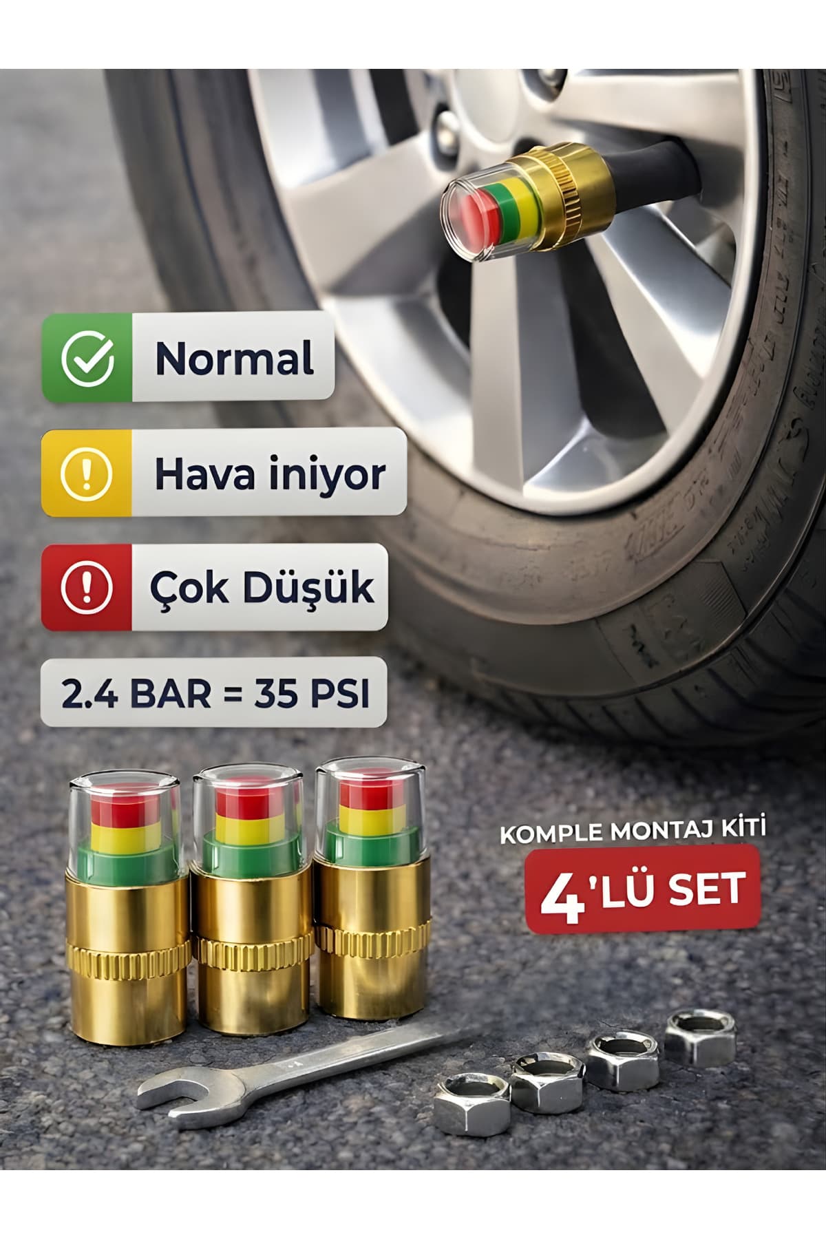 BEYLİNİ 4'lü Lastik Basınç Ölçerli Sibop Bisiklet Araba Motosiklet Tekerlek Hava Ölçer 2.4 Bar 35 PSI Set