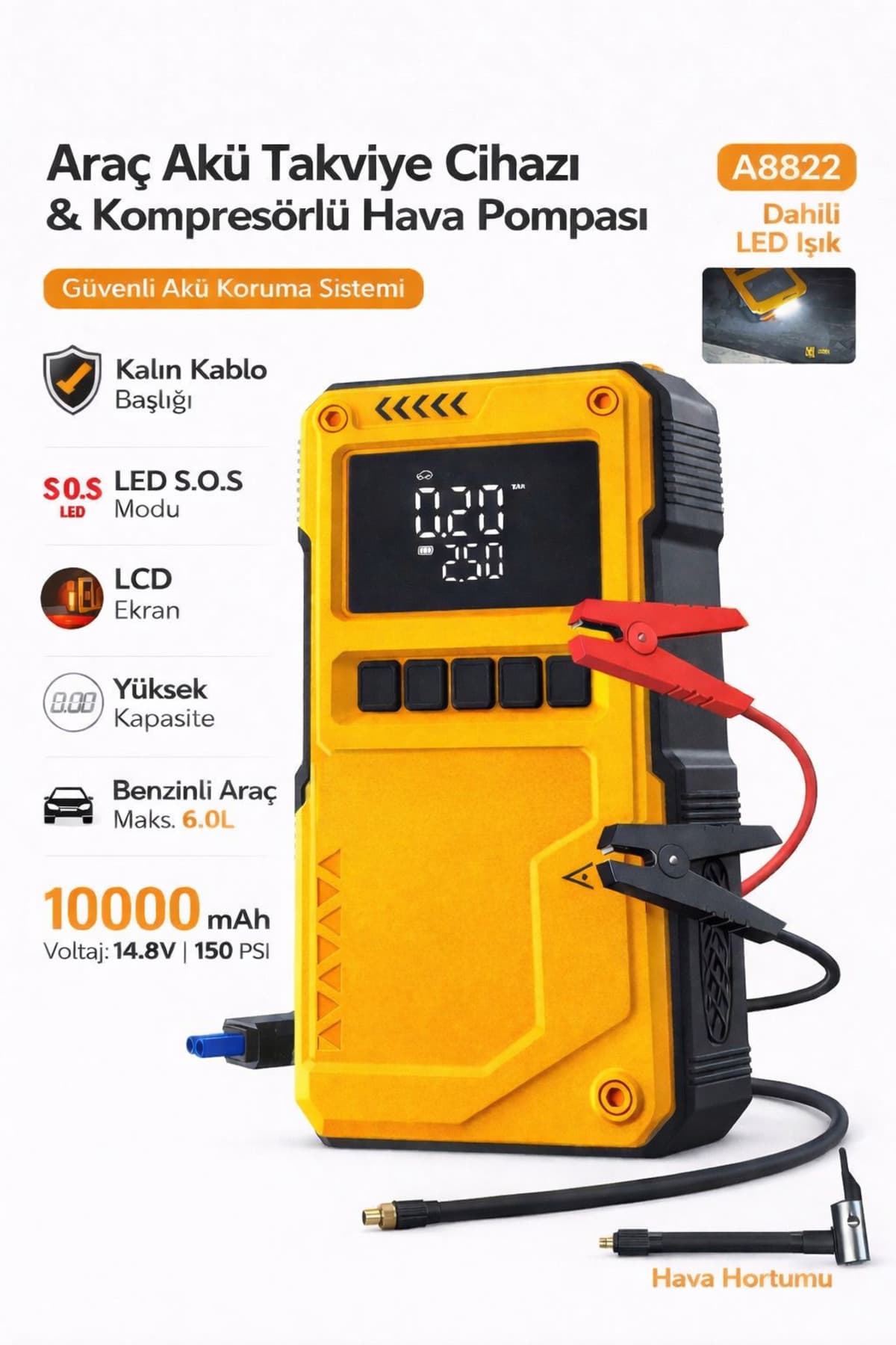 MO DOU Akü Şarj Cihazı Akü Takviye Cihazı ve Hava Kompresörü 10000mAh 150 PSI Jump Starter Powerbank LED