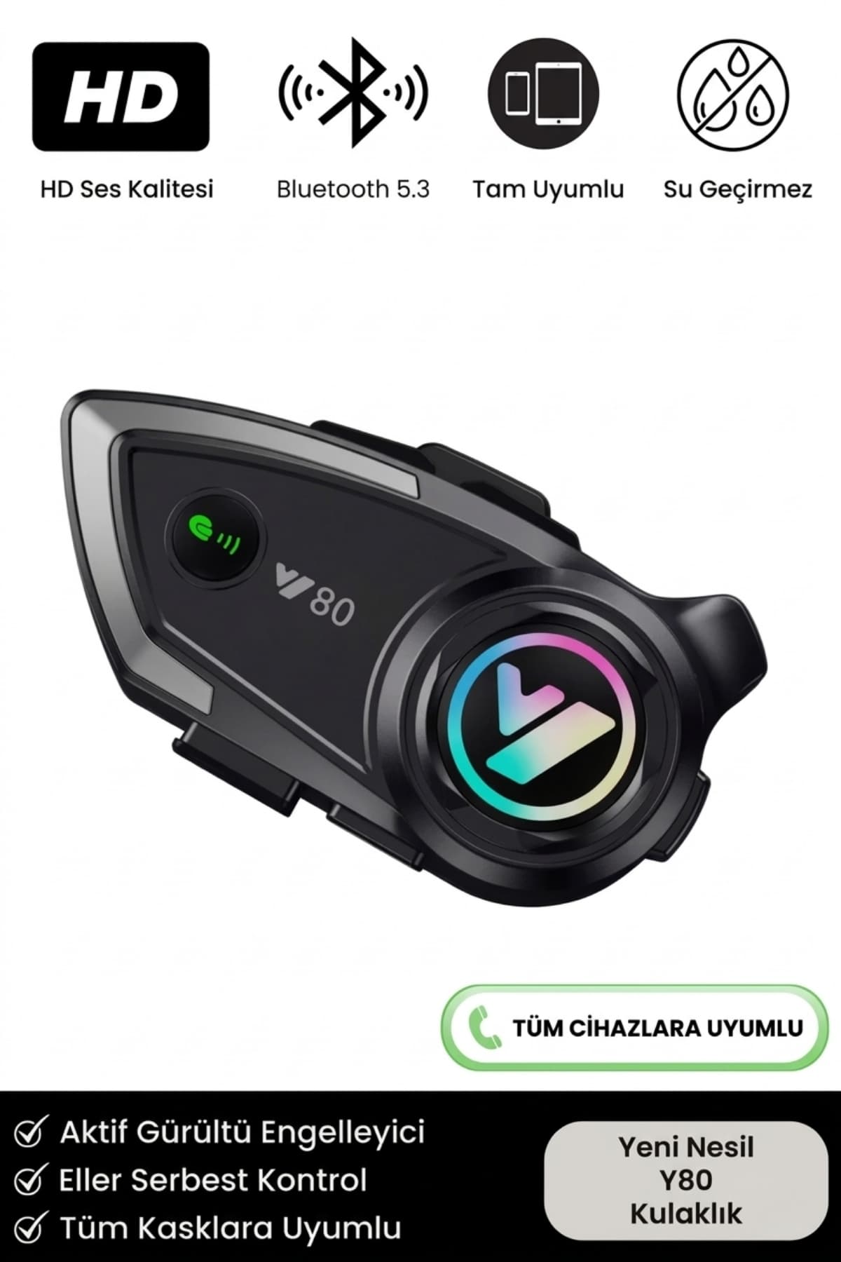 Y80 Yeni Nesil Motosiklet Kask Interkom Mikrofonlu Gürültü Engelleyici 5.3 Bluetooth Işıklı Kulaklık