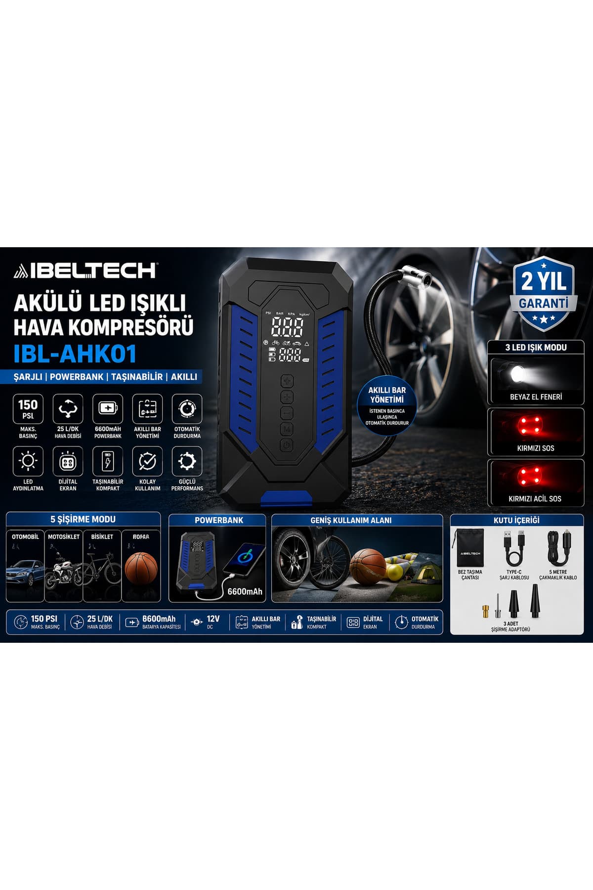 İBELTECH Akülü Hava Kompresörü 150 PSI-10.3 Bar Dijital Şarjlı Lastik Şişirme Pompası Powerbank Özellikli LED Işıklı 6600mAh