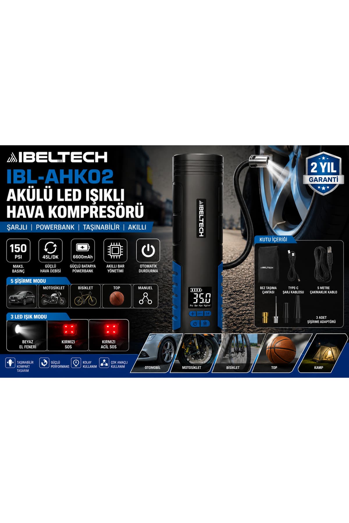 Akülü Hava Kompresörü 150 PSI-10.3 Bar 2 Pistonlu Hızlı Şişirme 6600 mAh LED Işıklı Dijital Ekran Powerbank Özellikli