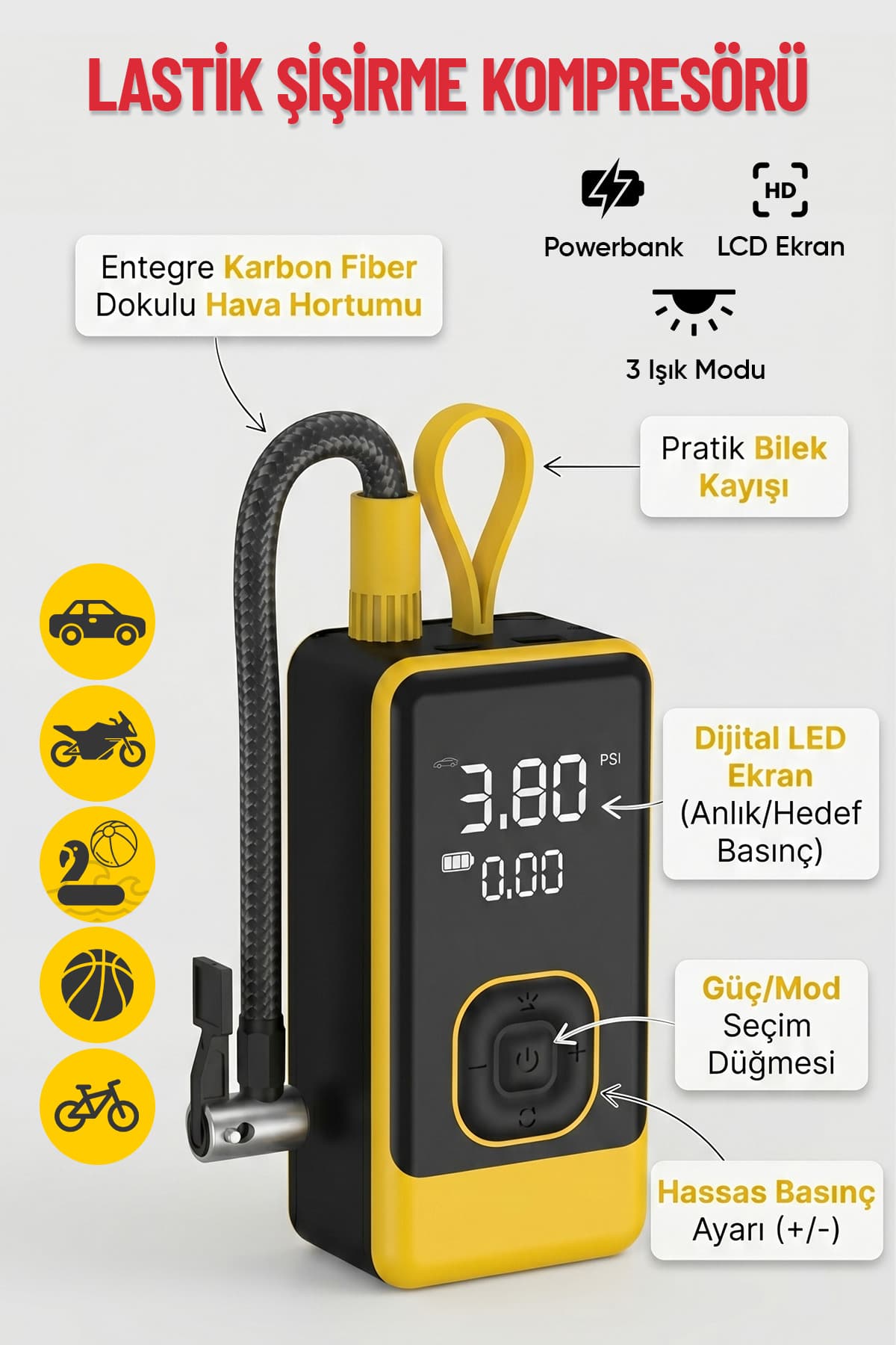 Enkado Şarjlı Oto Hava Kompresörü Taşınabilir Lastik Şişirme Pompası Dijital LCD Ekranlı Işıklı Powerbank