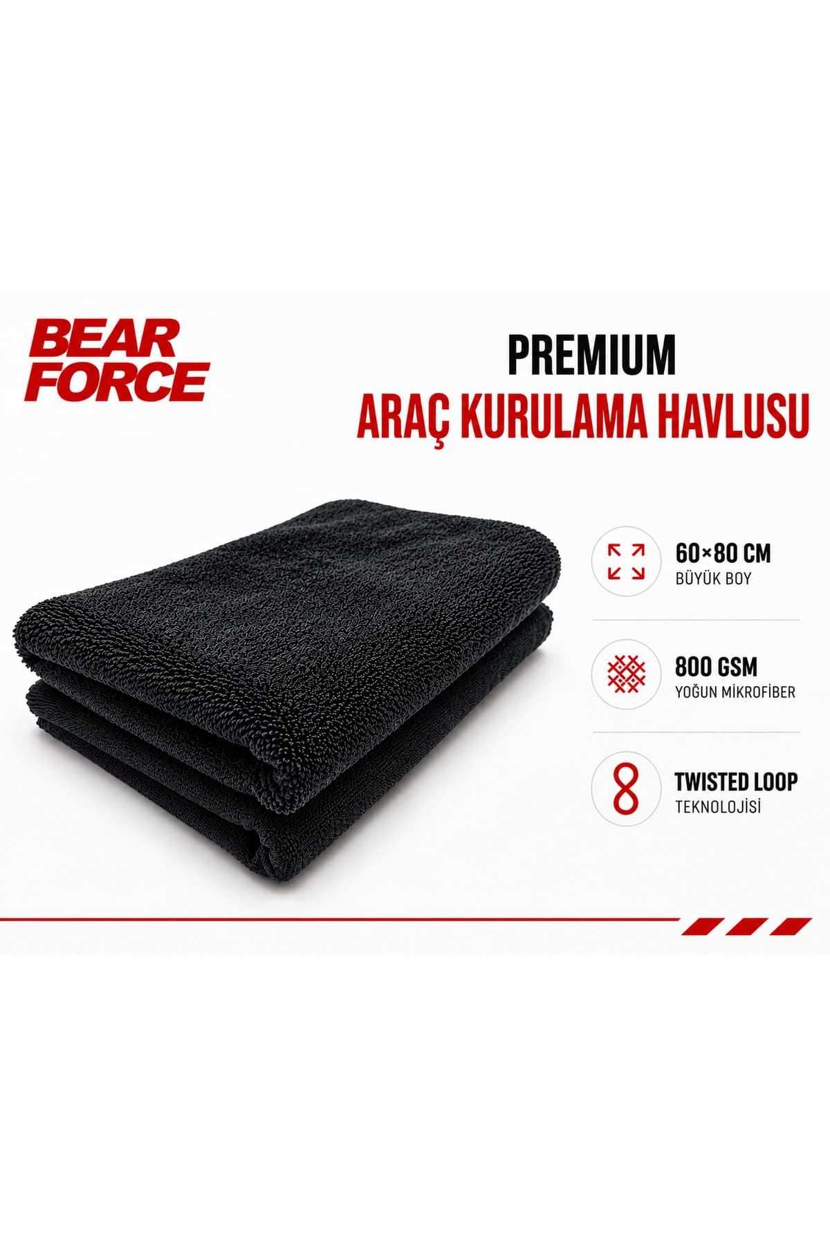 ROBEVE Bear Force Araç Kurulama Havlusu 60x80 cm 800 GSM Twisted Loop Mikrofiber Oto Kurulama Bezi Yüksek Su Emici Çiziksiz Araç Kurulama Havlusu Profesyonel Araç Bakım ve Oto Yıkama Bezi