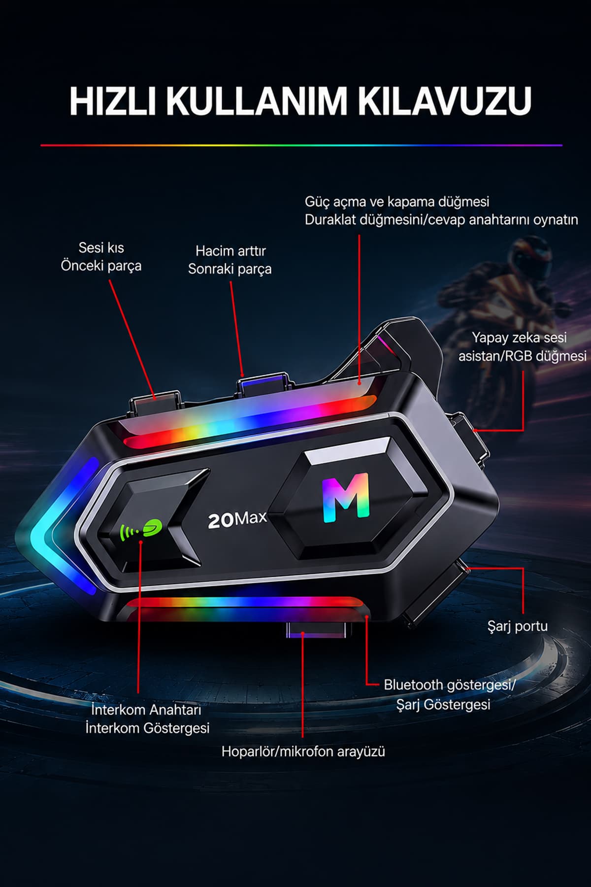 RGB Işıklı Bluetooth 5.3 Interkom - Su Geçirmez Müzik Çalar Motosiklet Kask İçi Kulaklık Intercom